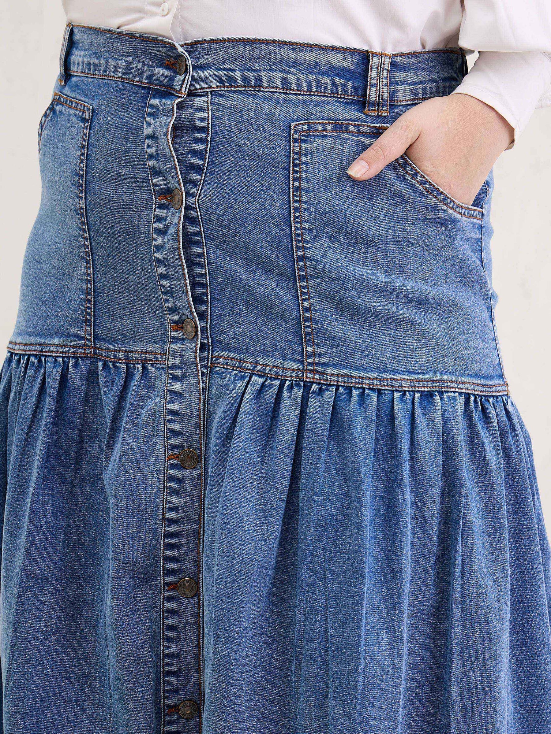 Ice Blue Denim Front Button Maxi Skirt-SASSAFRAS Curve