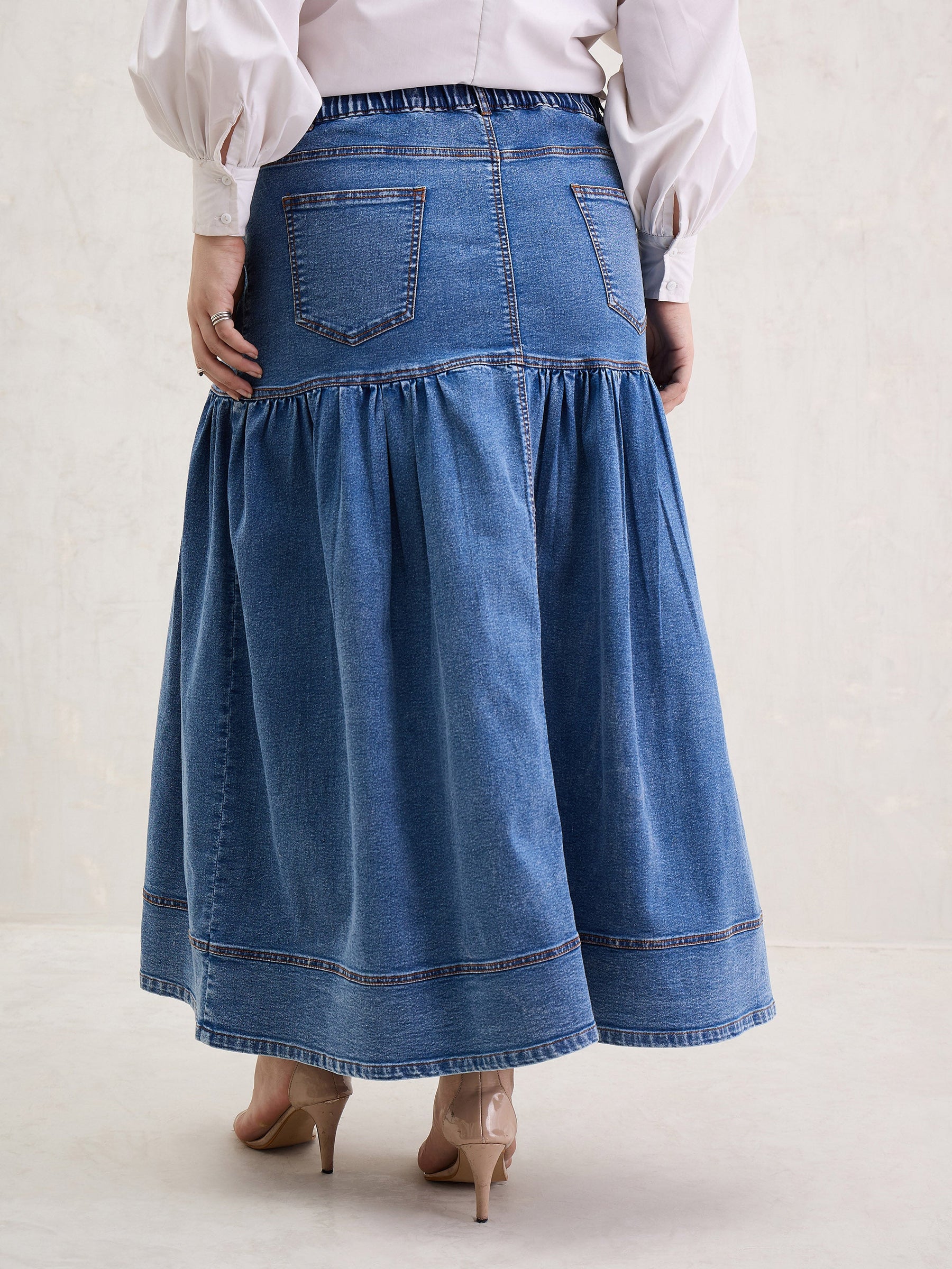 Ice Blue Denim Front Button Maxi Skirt-SASSAFRAS Curve