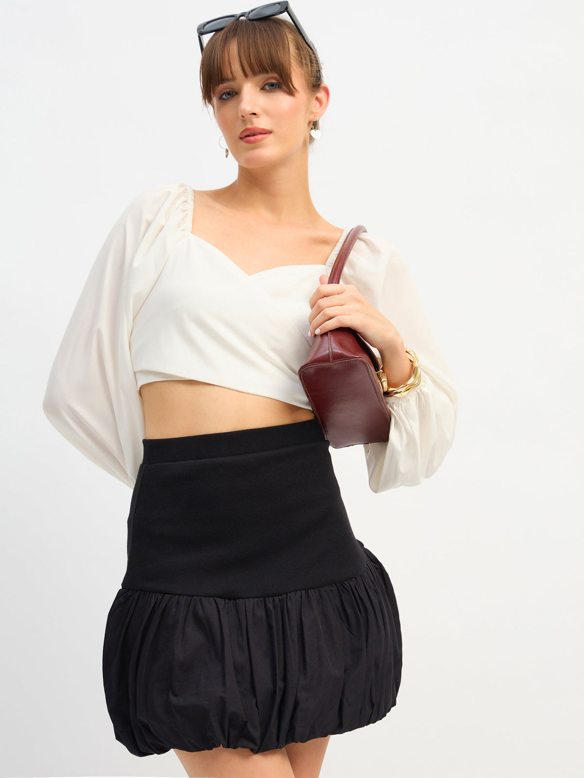 Black Rib Balloon Hem Mini Skirt-SASSAFRAS