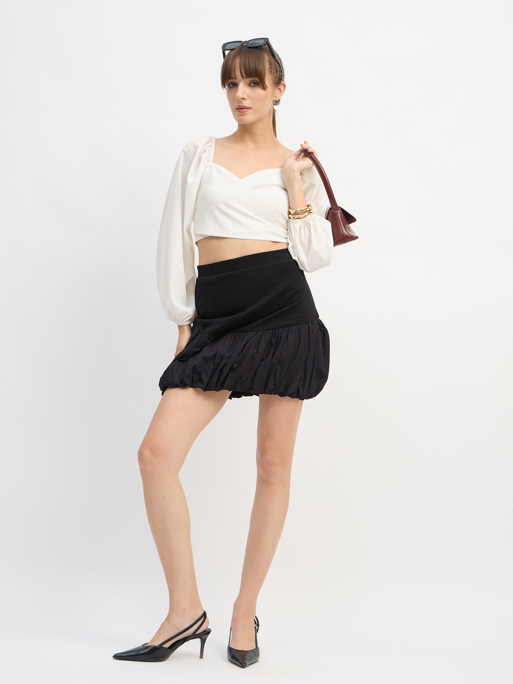 Black Rib Balloon Hem Mini Skirt-SASSAFRAS