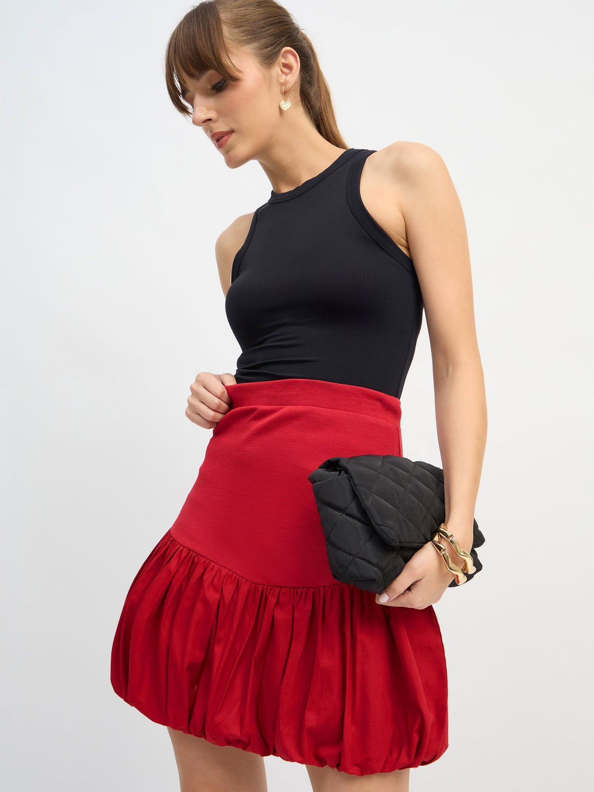 Red Rib Balloon Hem Mini Skirt-SASSAFRAS