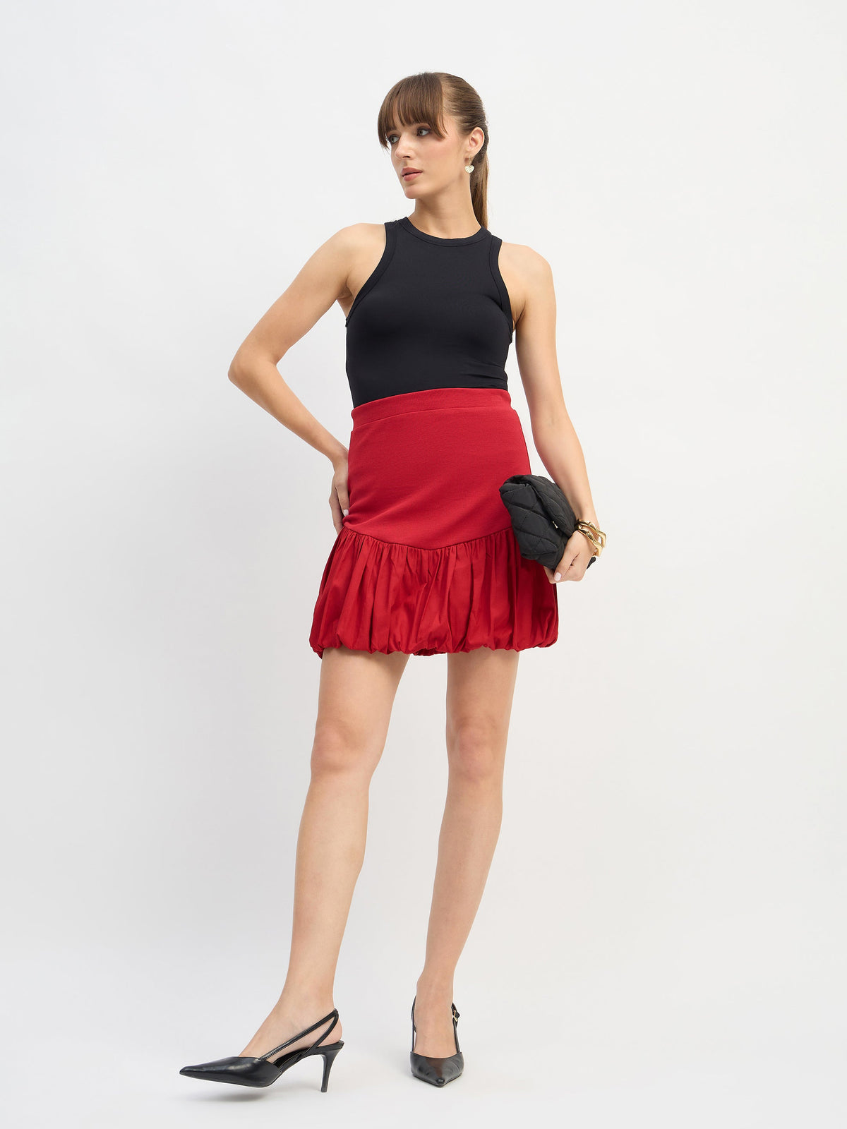 Red Rib Balloon Hem Mini Skirt-SASSAFRAS