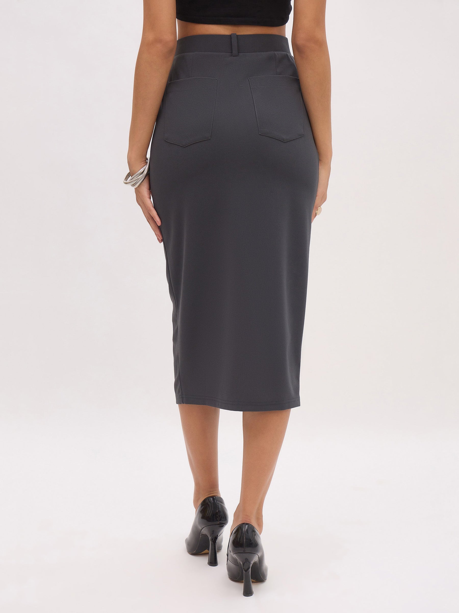 Dark Grey Front Slit Midi Skirt-SASSAFRAS worklyf