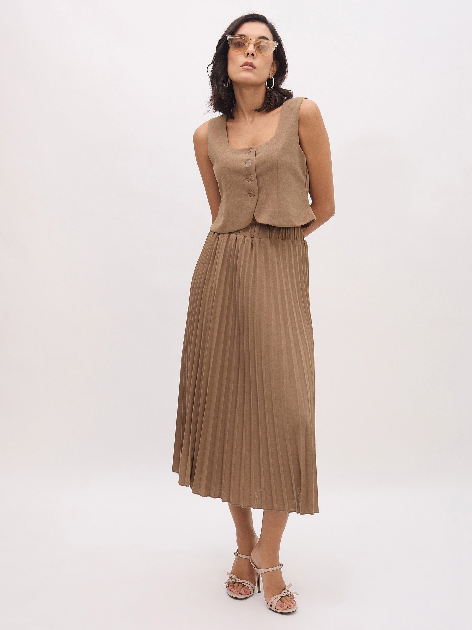 Dark Beige Elasticated Waist Pleated Midi Skirt-SASSAFRAS worklyf