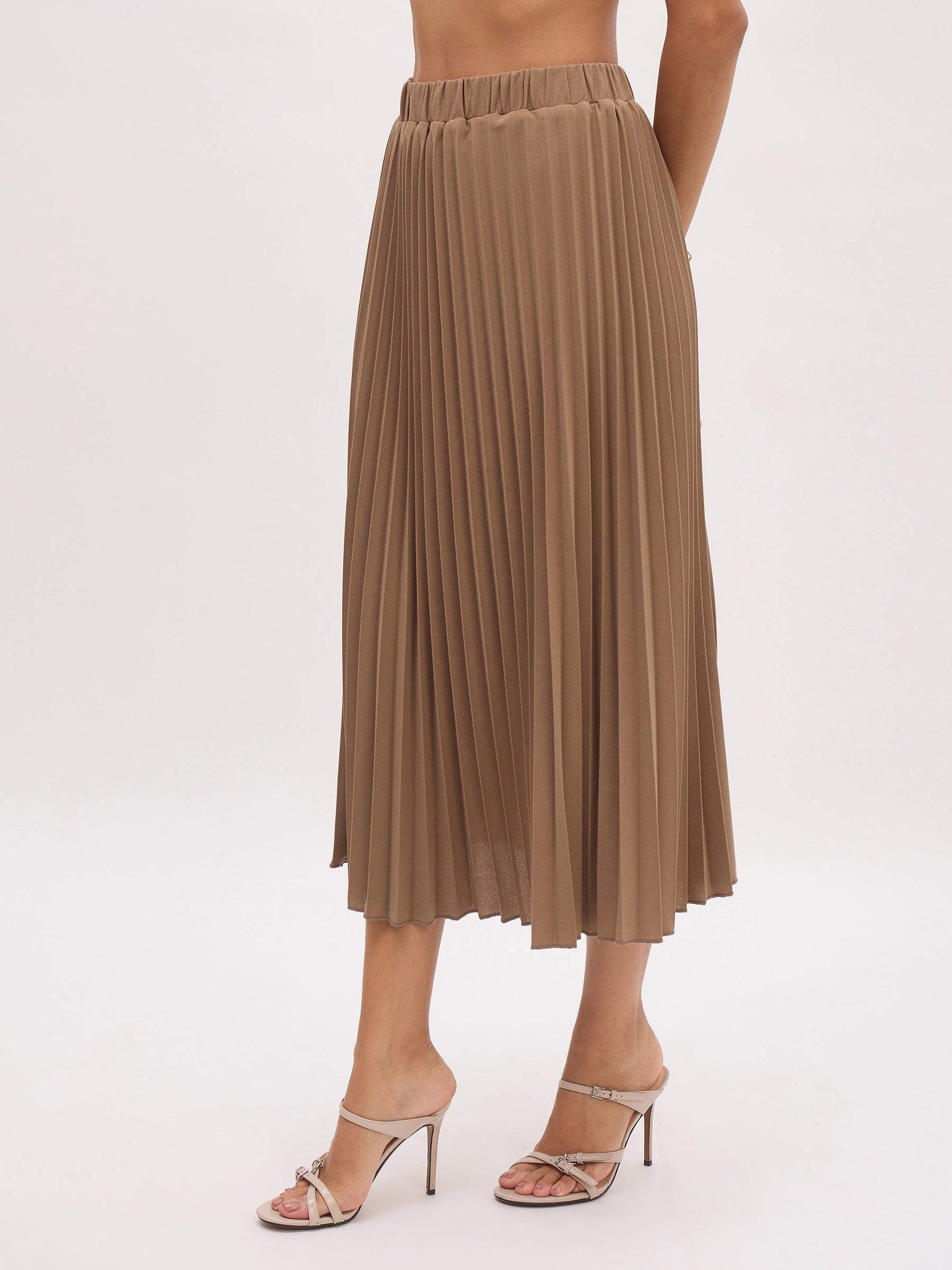 Dark Beige Elasticated Waist Pleated Midi Skirt-SASSAFRAS worklyf