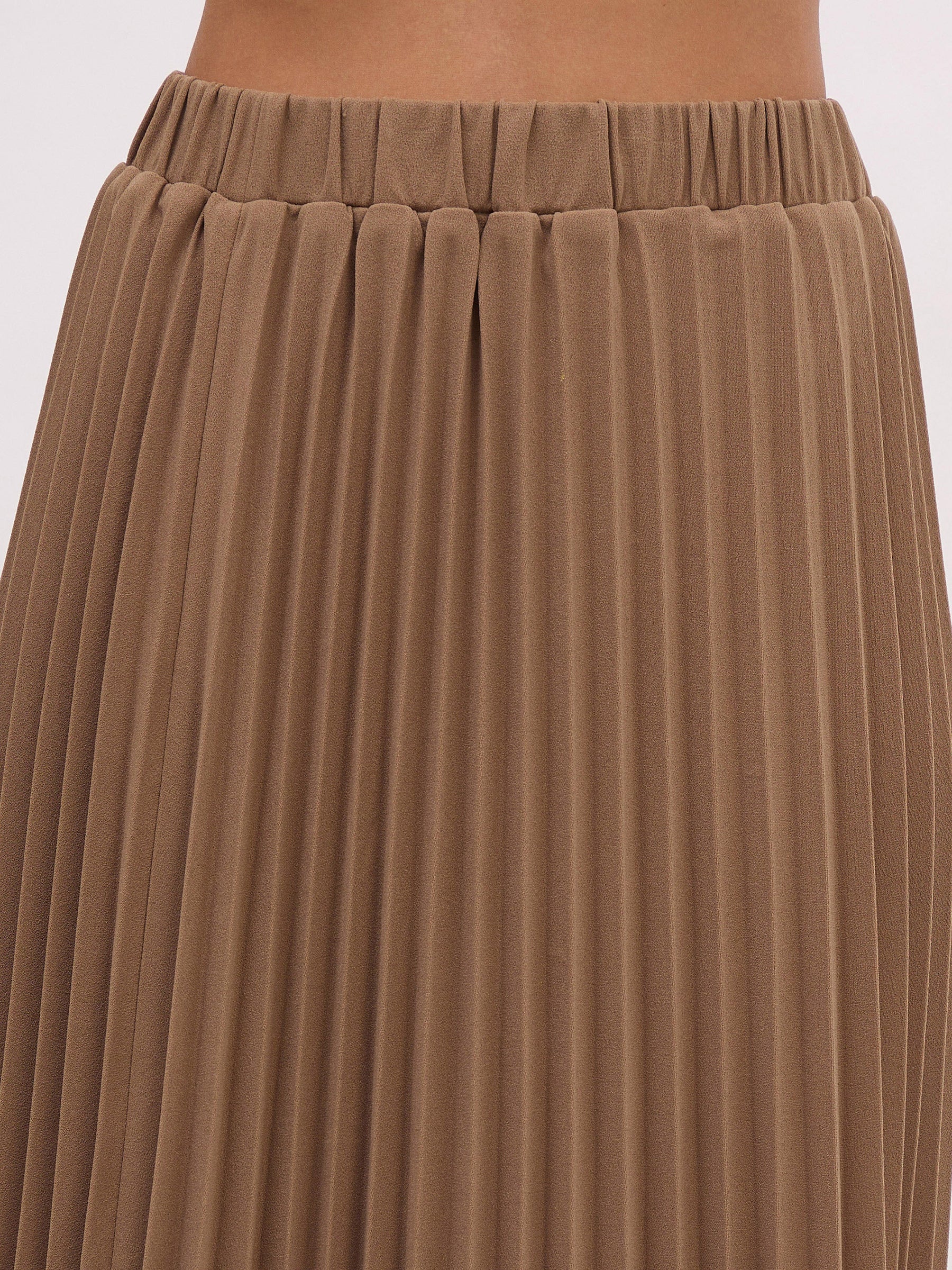 Dark Beige Elasticated Waist Pleated Midi Skirt-SASSAFRAS worklyf
