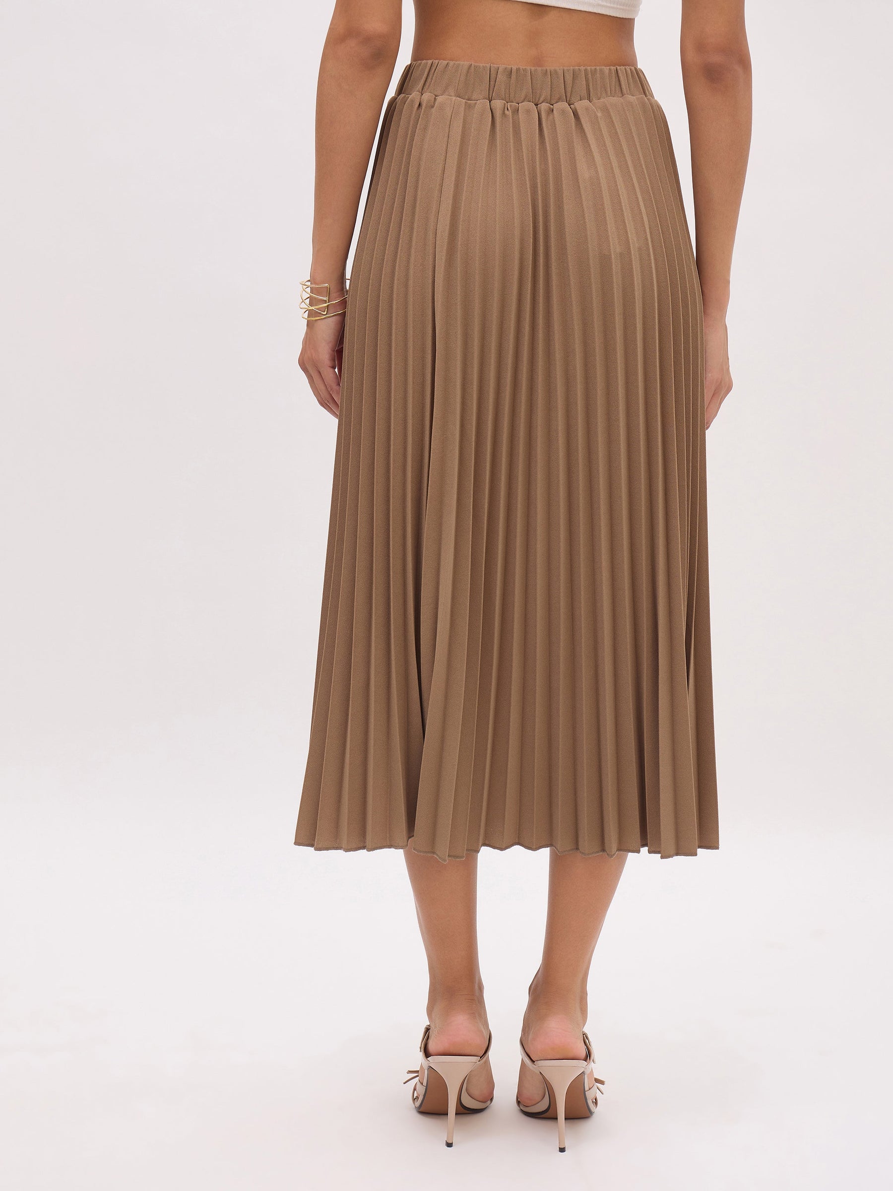 Dark Beige Elasticated Waist Pleated Midi Skirt-SASSAFRAS worklyf