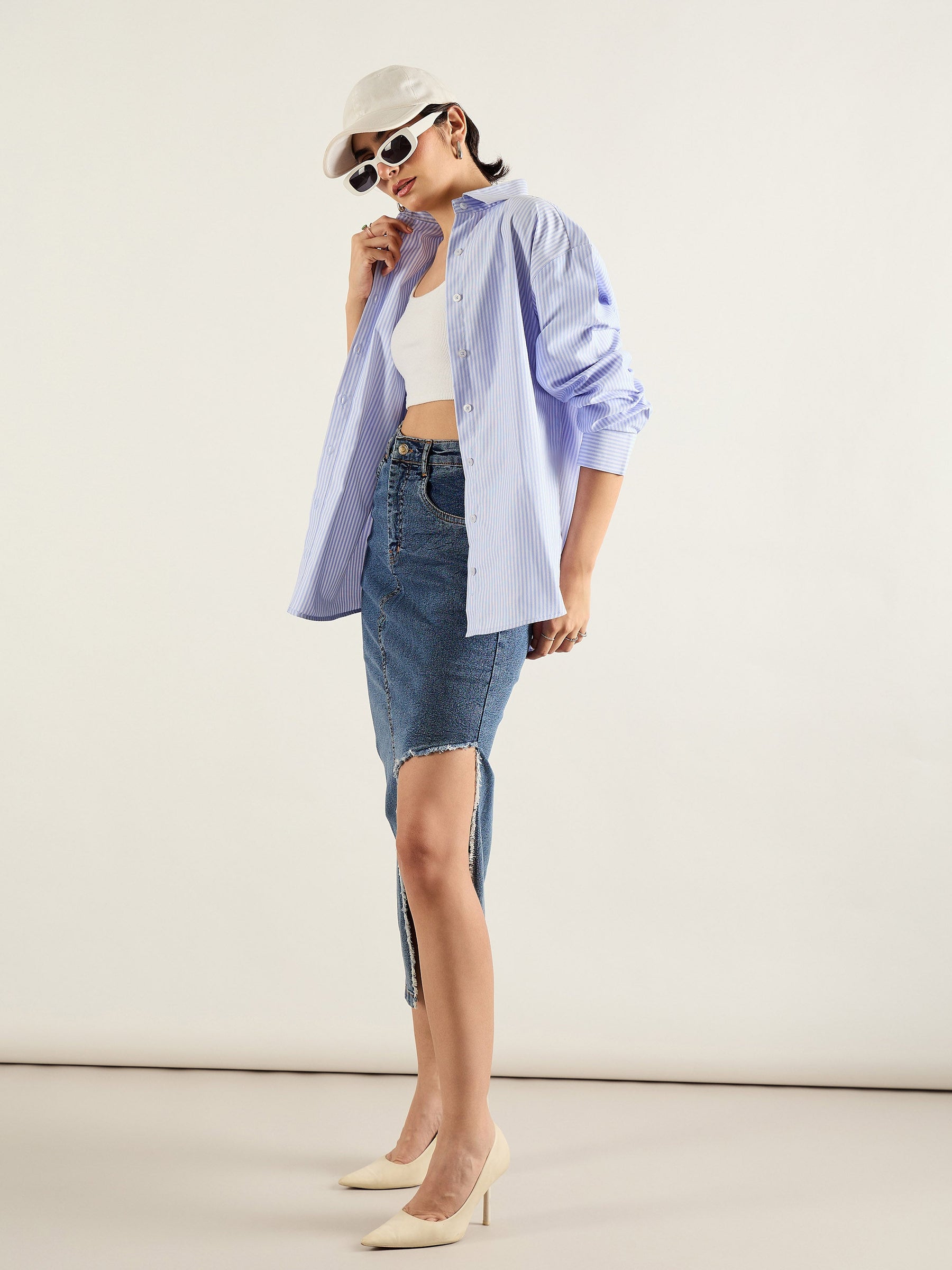Blue Washed Front Slit Straight Fit Skirt-SASSAFRAS