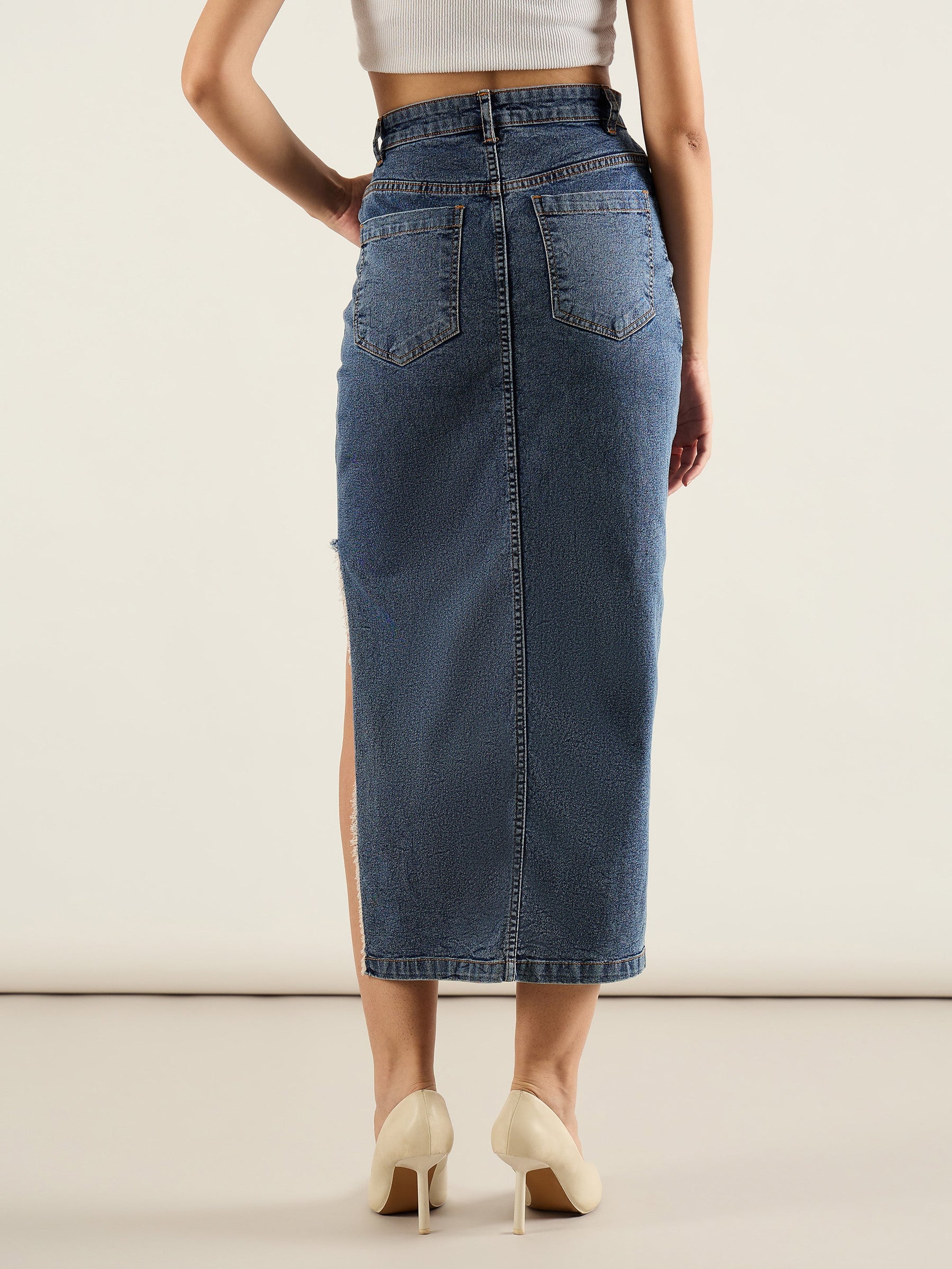 Blue Washed Front Slit Straight Fit Skirt-SASSAFRAS