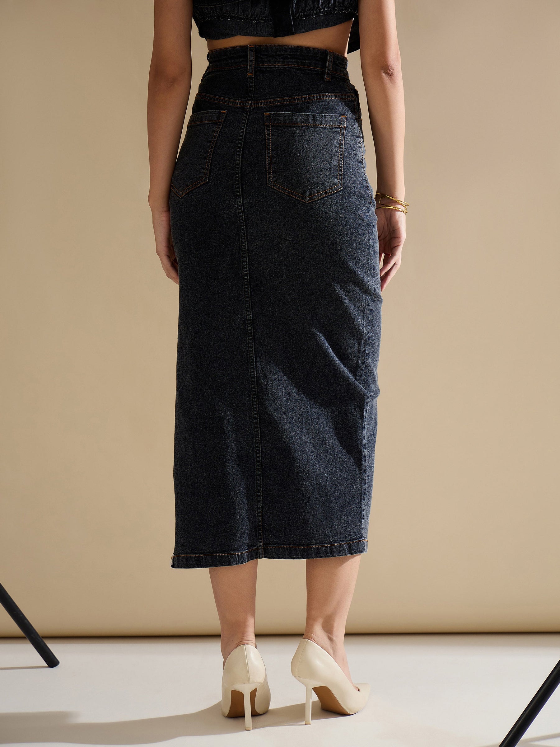 Black Washed Front Slit Straight Fit Skirt-SASSAFRAS