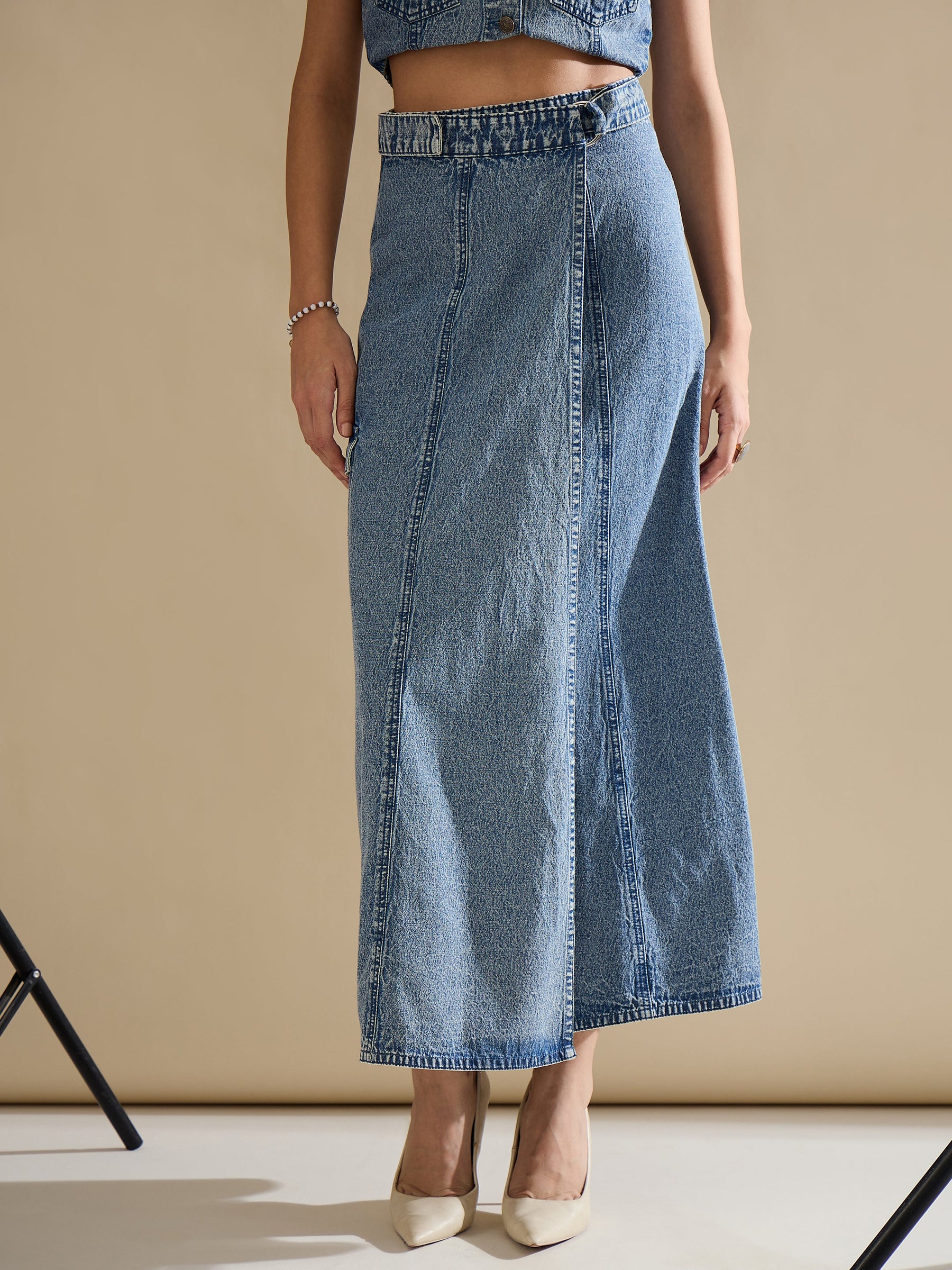 Blue Blast Side Pocket Midi Wrap Skirt-SASSAFRAS