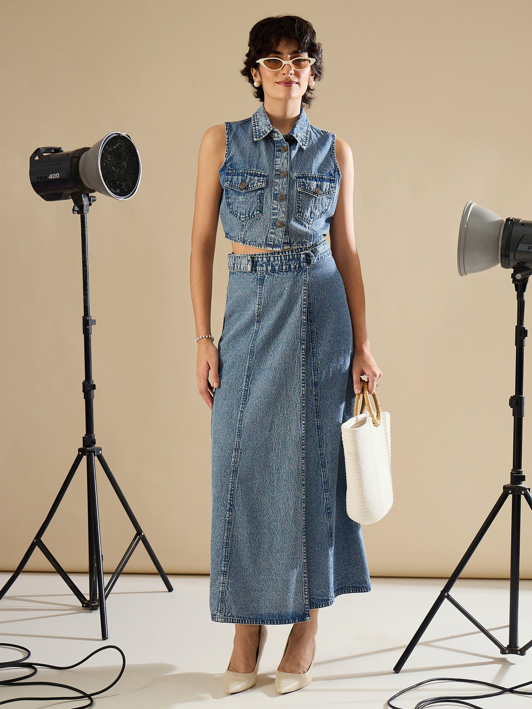 Blue Blast Side Pocket Midi Wrap Skirt-SASSAFRAS