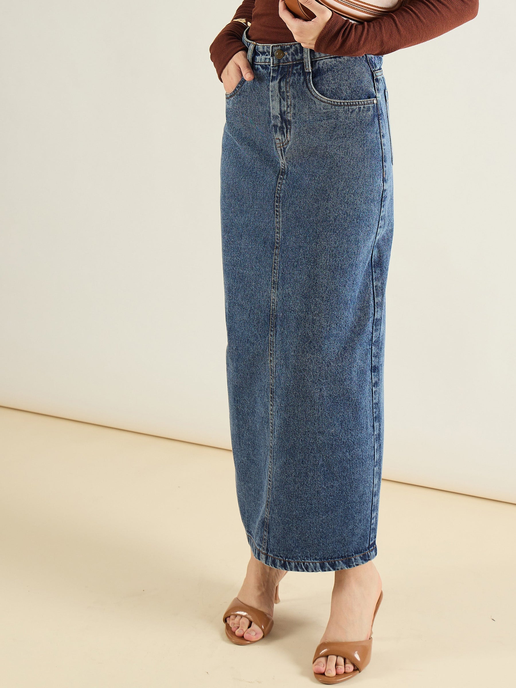 Blue Blast Denim Back Slit Long Skirt-SASSAFRAS BASICS