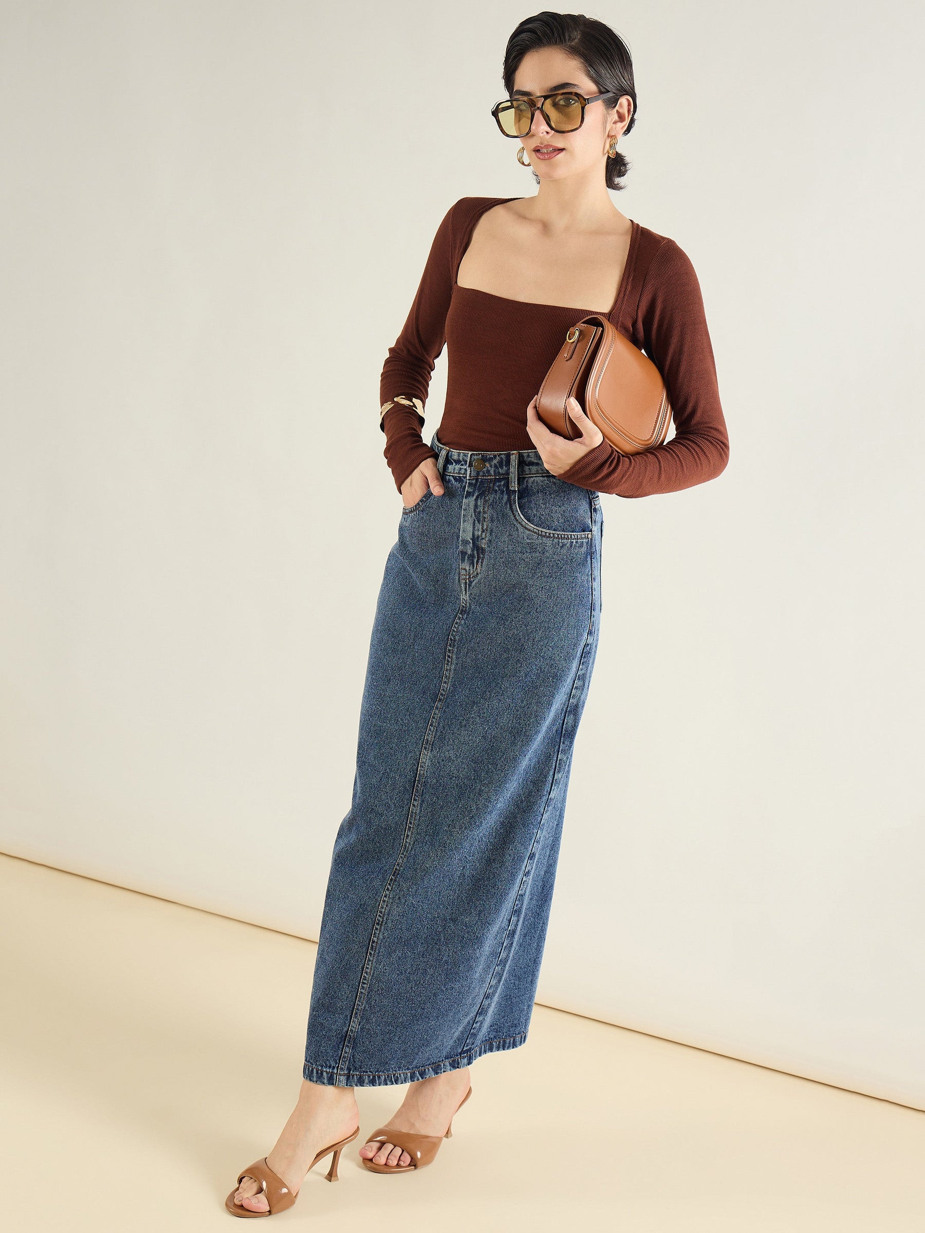 Blue Blast Denim Back Slit Long Skirt-SASSAFRAS BASICS