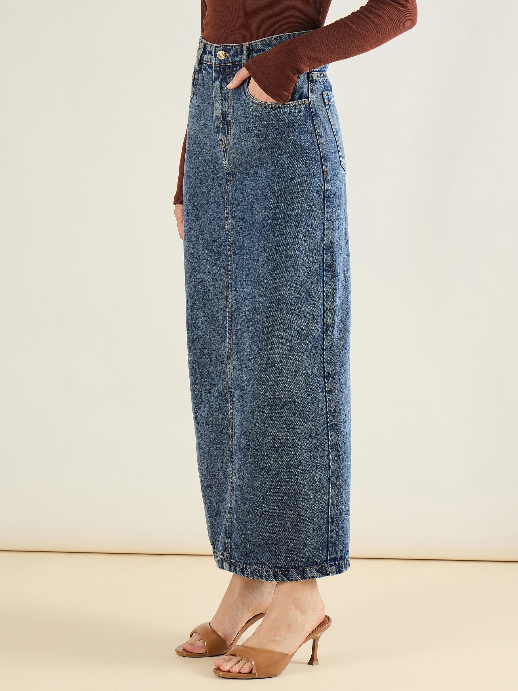 Blue Blast Denim Back Slit Long Skirt-SASSAFRAS BASICS