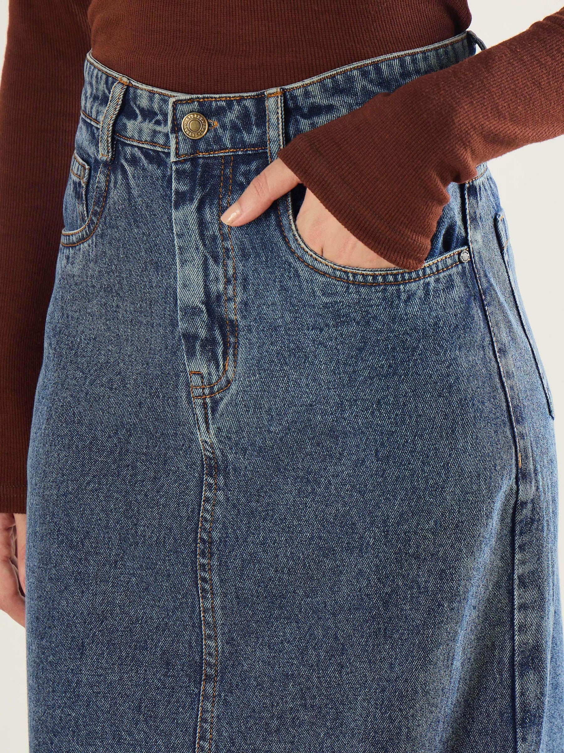 Blue Blast Denim Back Slit Long Skirt-SASSAFRAS BASICS