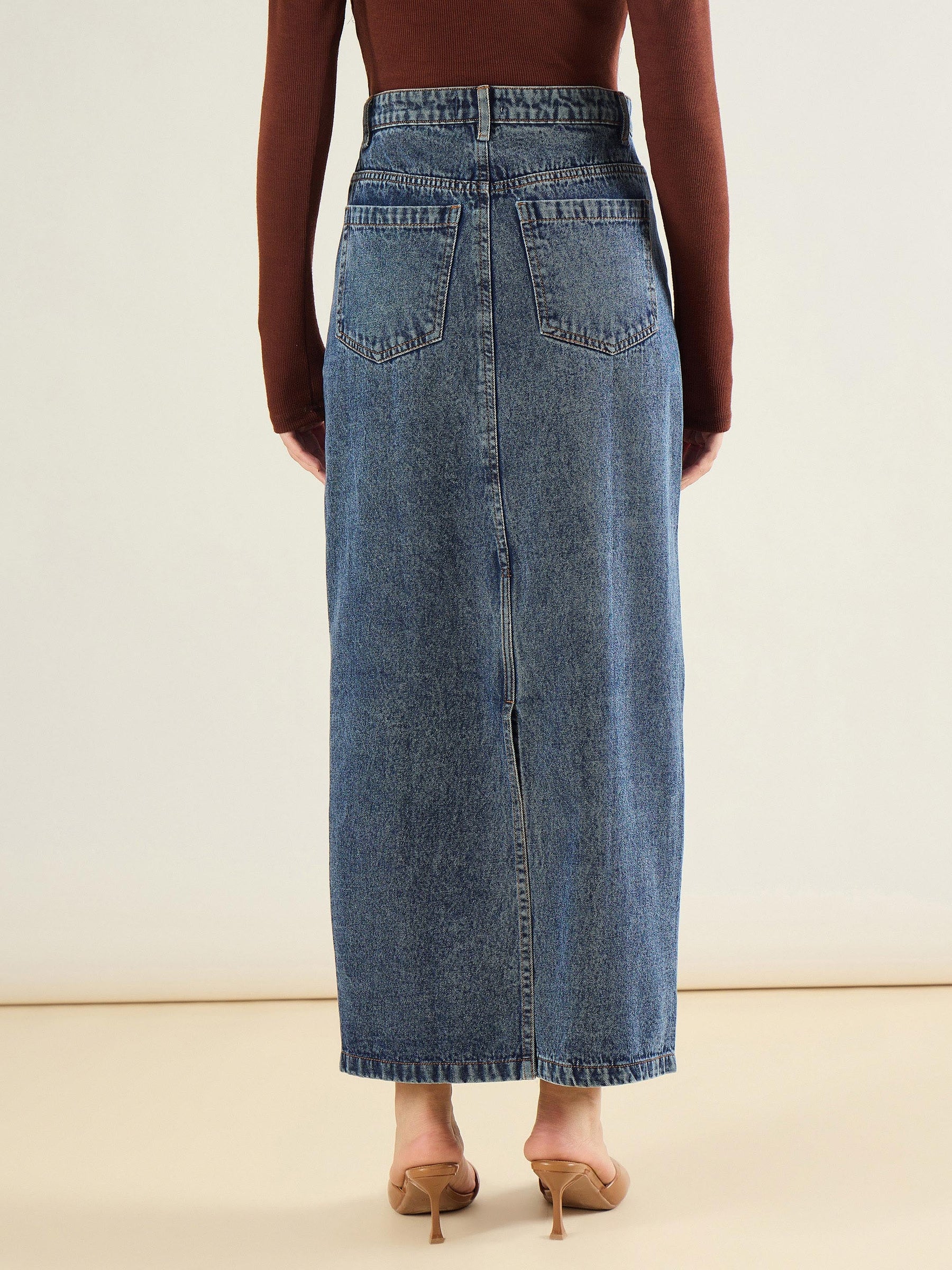 Blue Blast Denim Back Slit Long Skirt-SASSAFRAS BASICS
