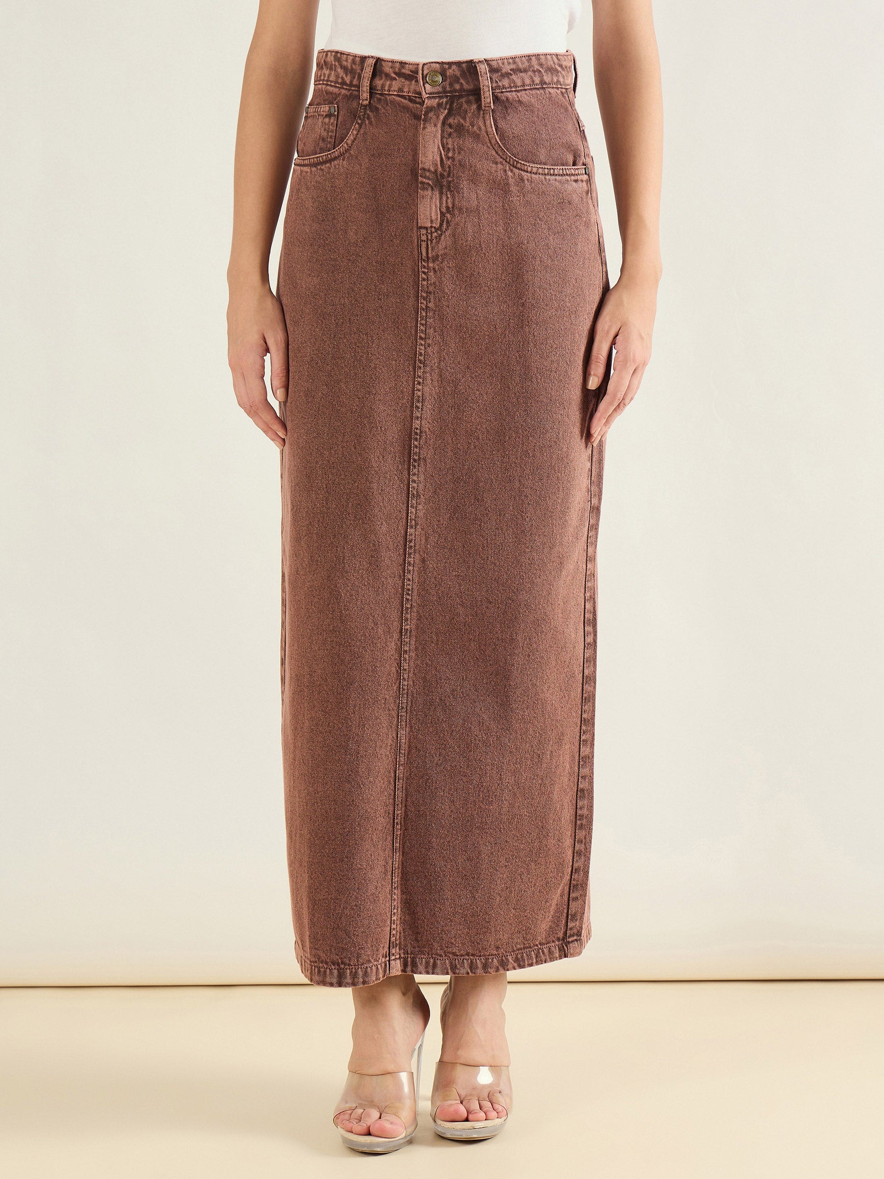 Brown Denim Back Slit Long Skirt-SASSAFRAS BASICS