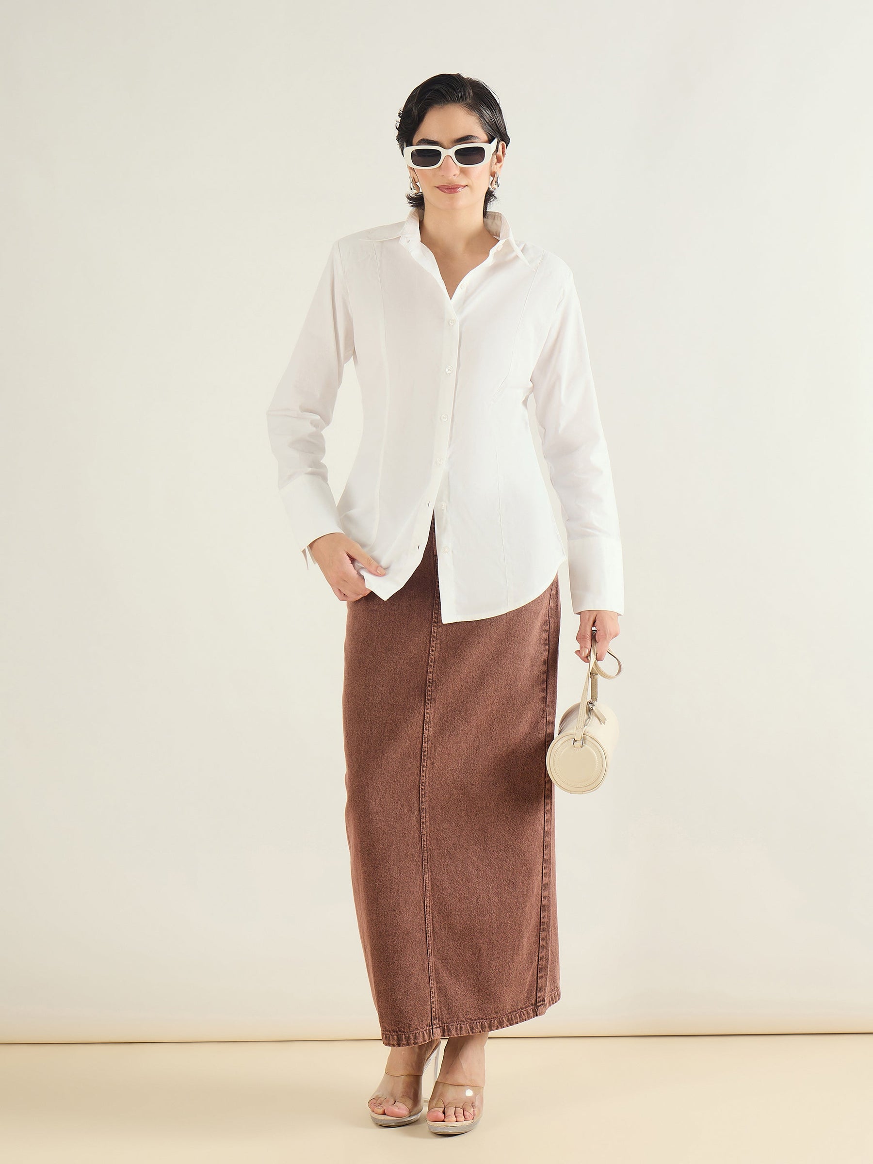 Brown Denim Back Slit Long Skirt-SASSAFRAS BASICS