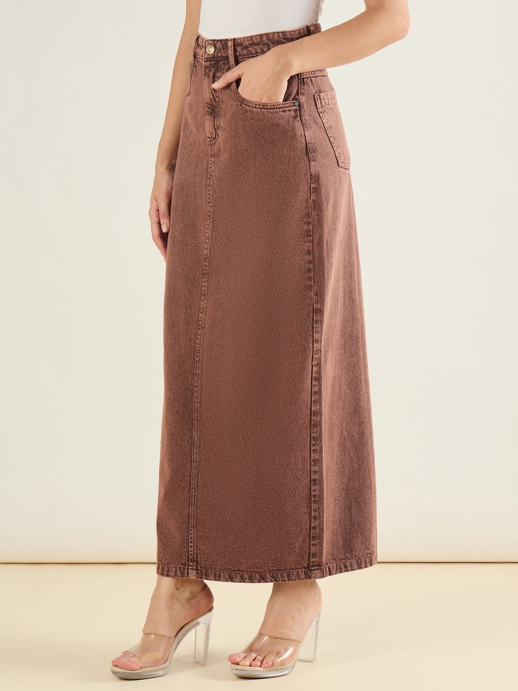 Brown Denim Back Slit Long Skirt-SASSAFRAS BASICS