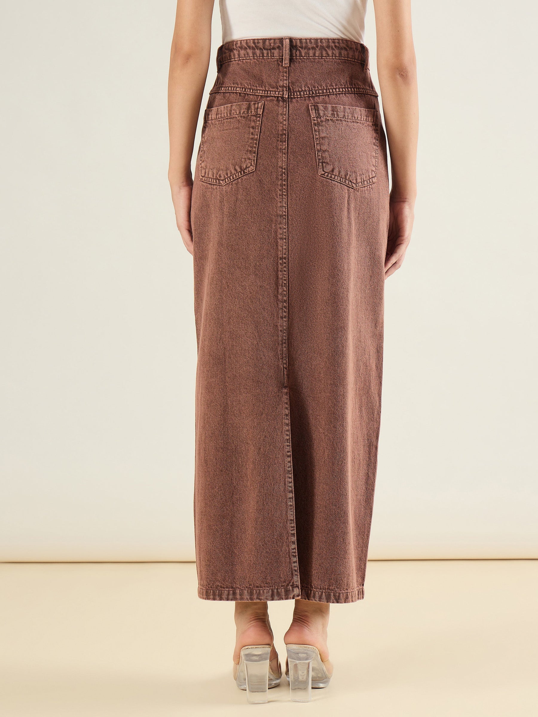 Brown Denim Back Slit Long Skirt-SASSAFRAS BASICS