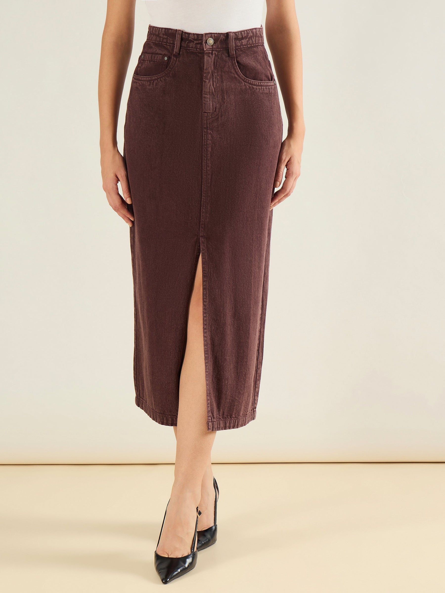 Tinted Brown Denim Front Slit Midi Skirt-SASSAFRAS BASICS