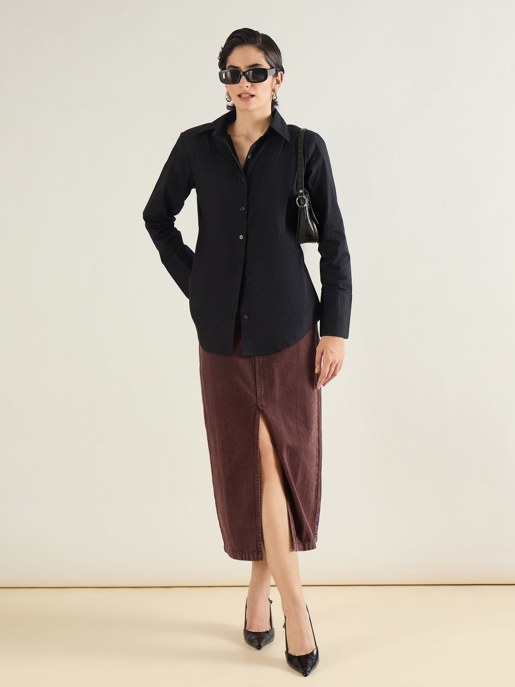 Tinted Brown Denim Front Slit Midi Skirt-SASSAFRAS BASICS