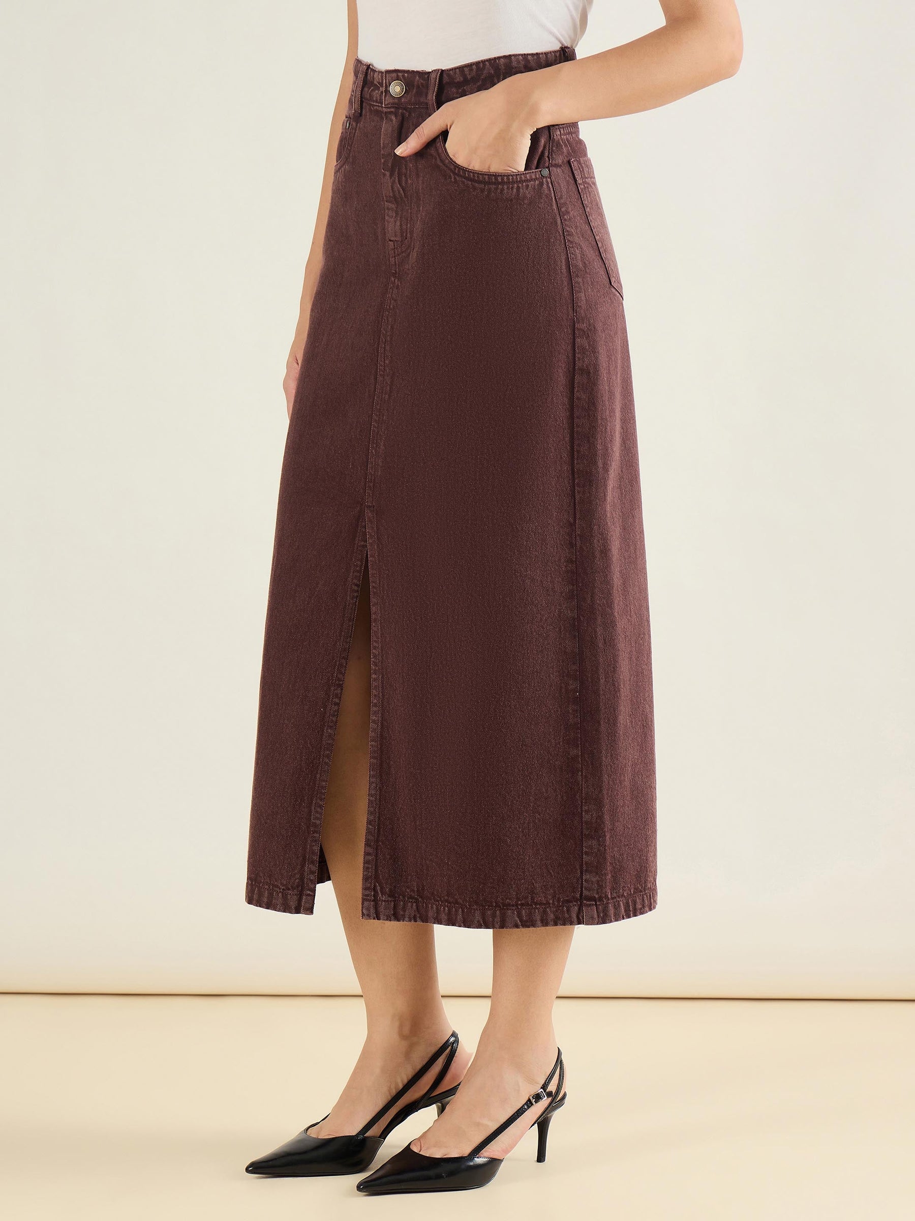 Tinted Brown Denim Front Slit Midi Skirt-SASSAFRAS BASICS