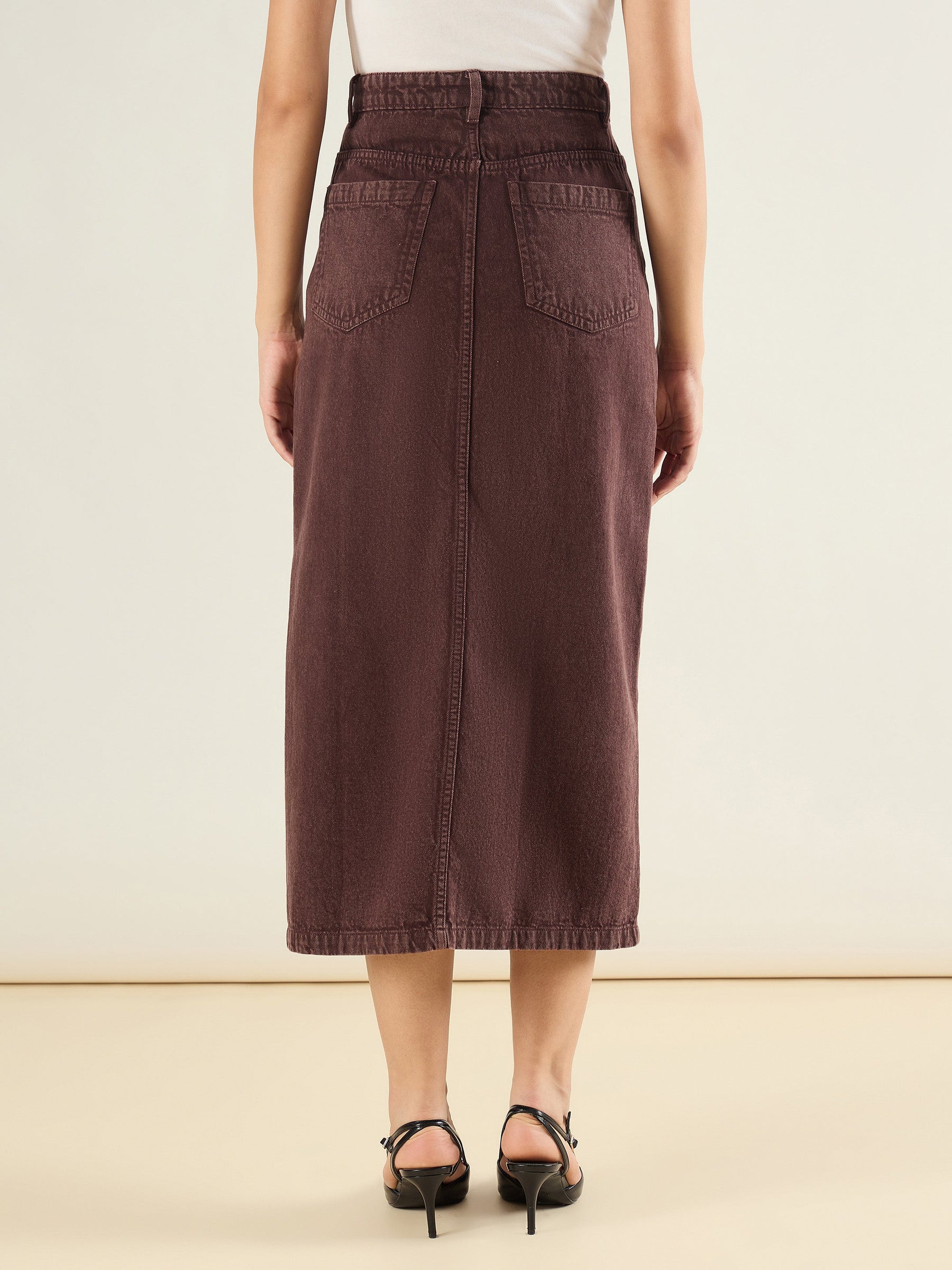 Tinted Brown Denim Front Slit Midi Skirt-SASSAFRAS BASICS