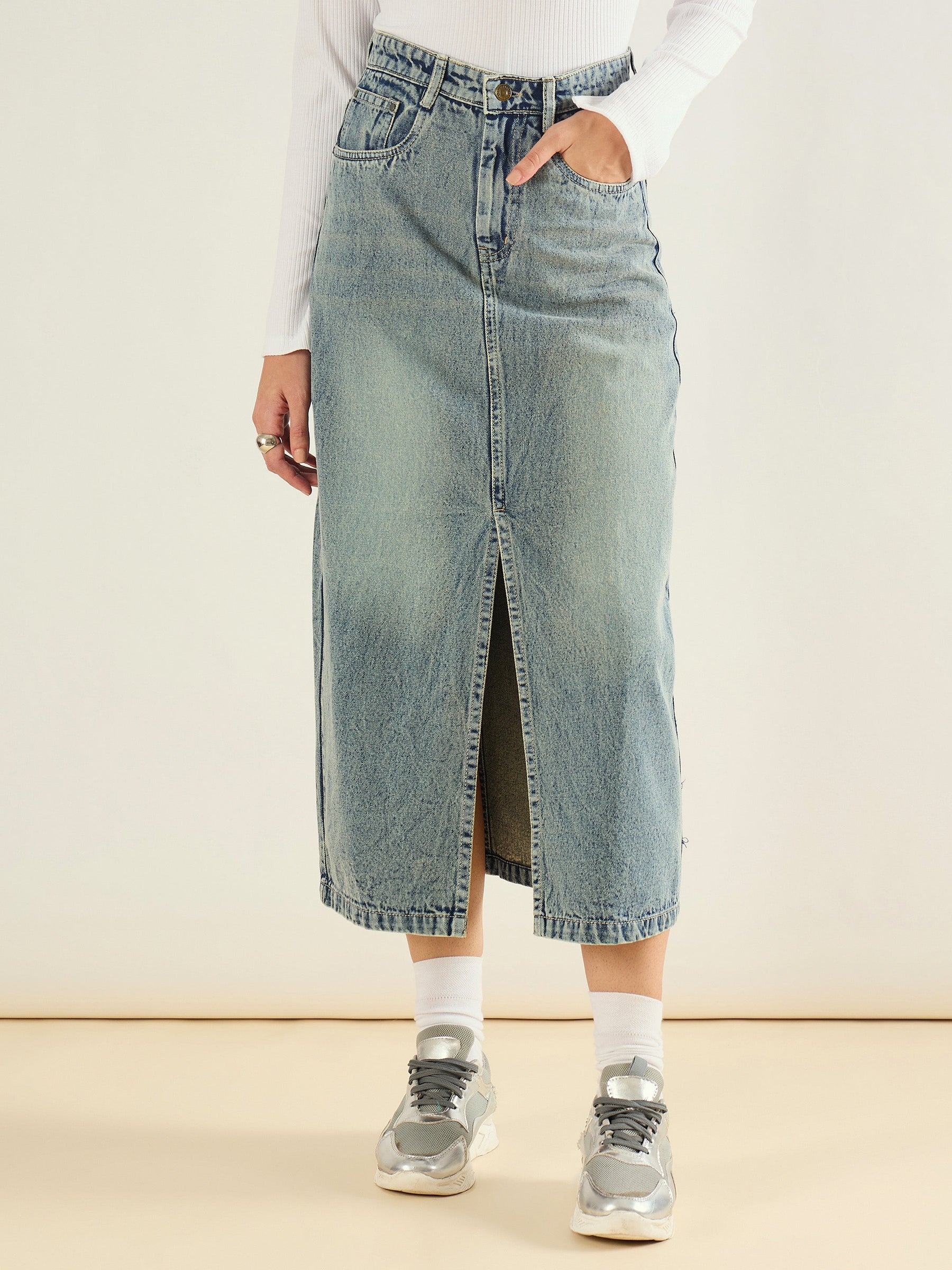 Faded Blue Denim Front Slit Midi Skirt-SASSAFRAS BASICS