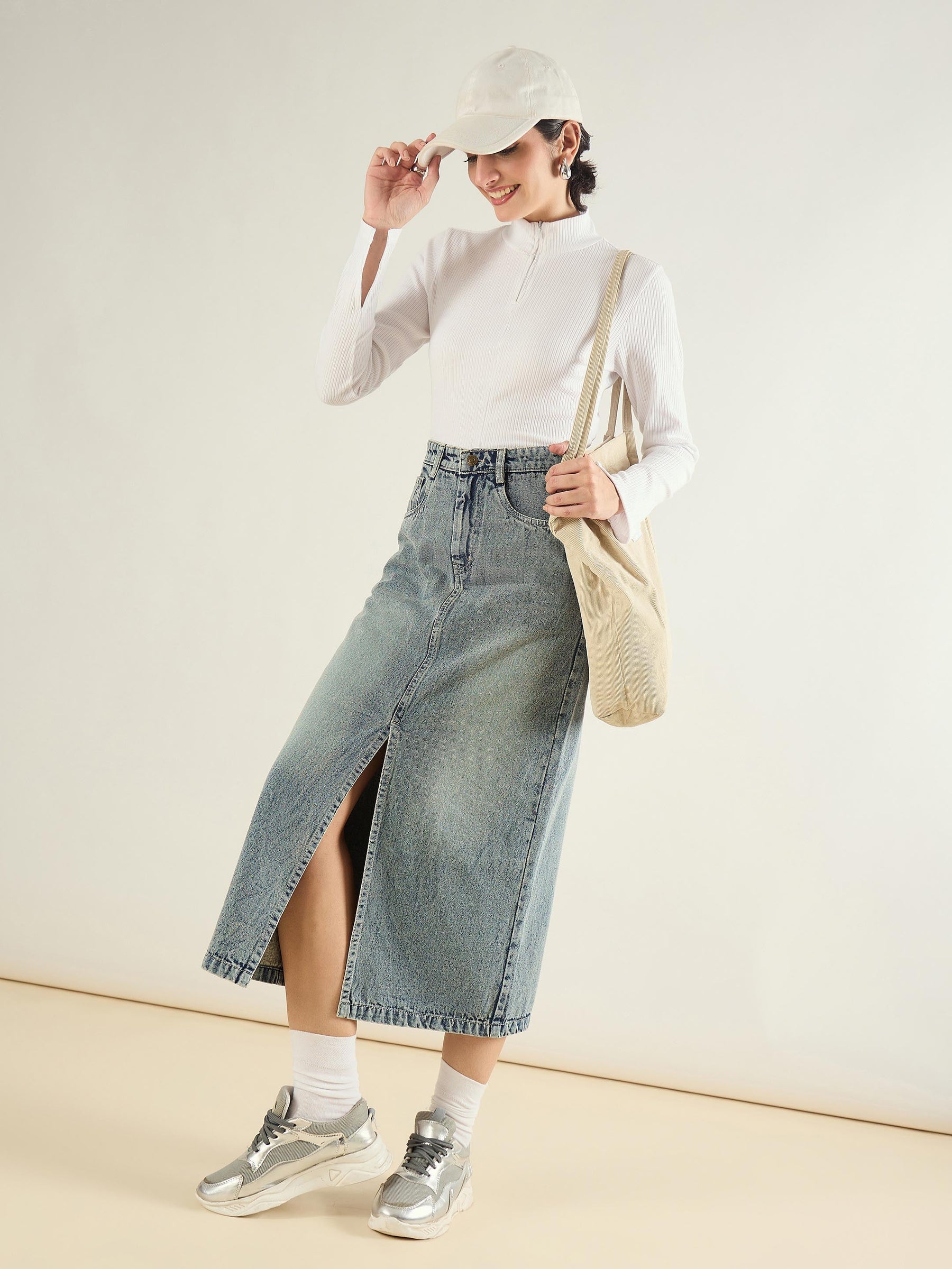 Faded Blue Denim Front Slit Midi Skirt-SASSAFRAS BASICS