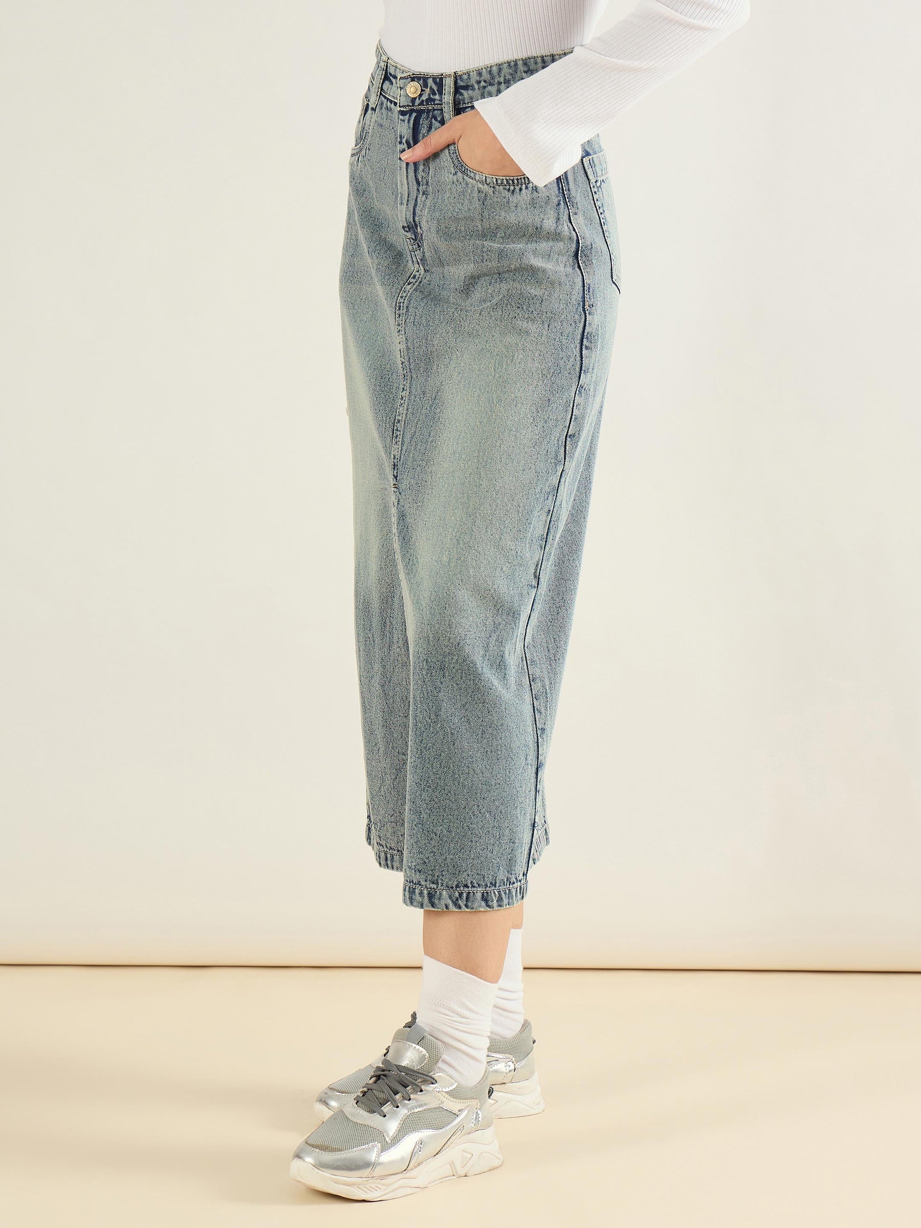 Faded Blue Denim Front Slit Midi Skirt-SASSAFRAS BASICS