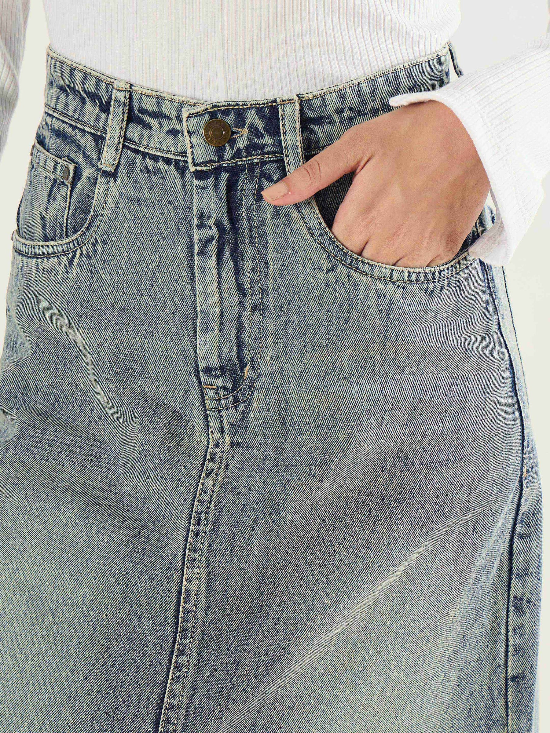 Faded Blue Denim Front Slit Midi Skirt-SASSAFRAS BASICS