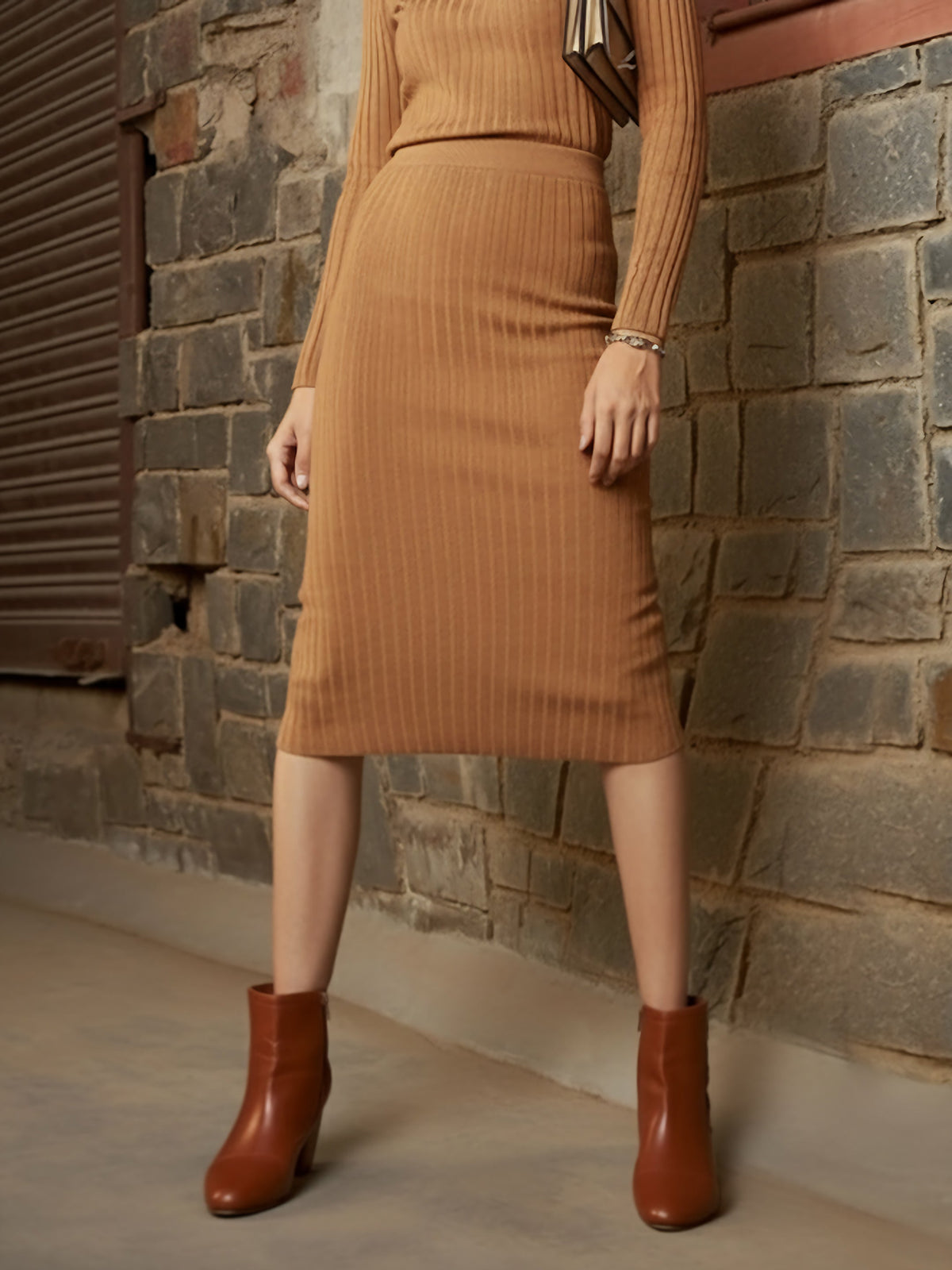 Beige Rib Pencil Midi Skirt-SASSAFRAS