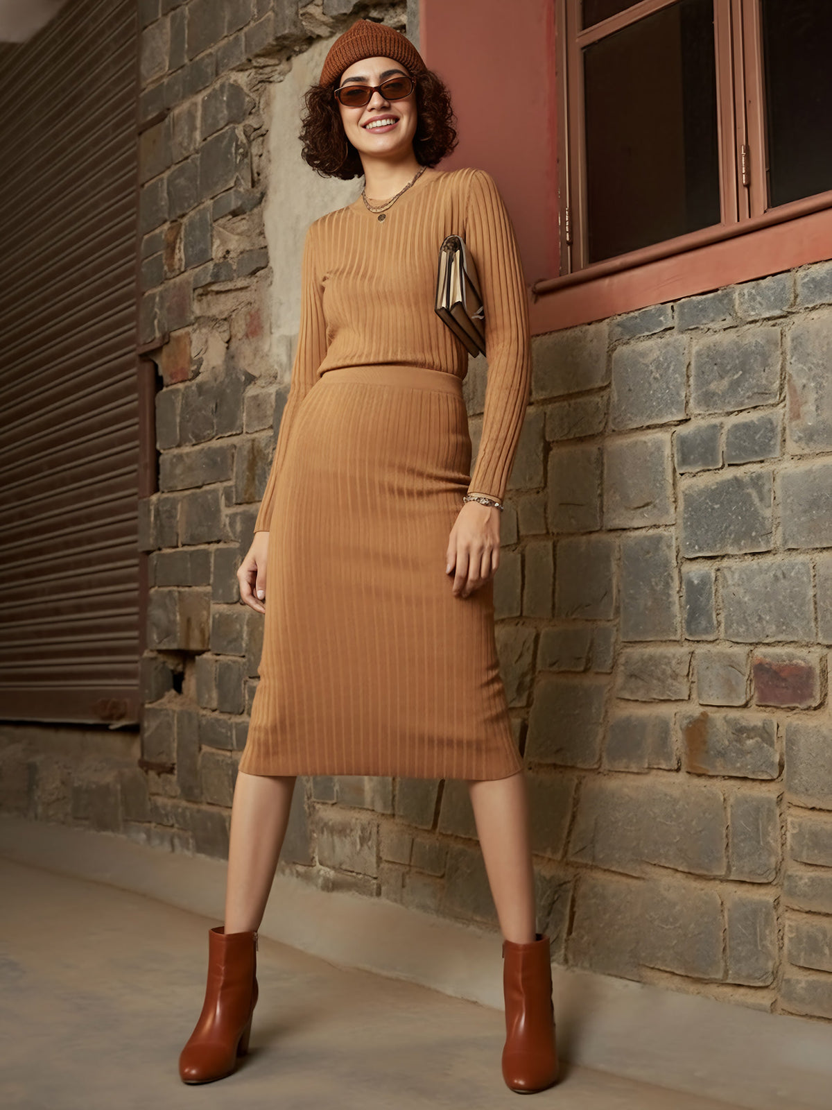 Beige Rib Pencil Midi Skirt-SASSAFRAS