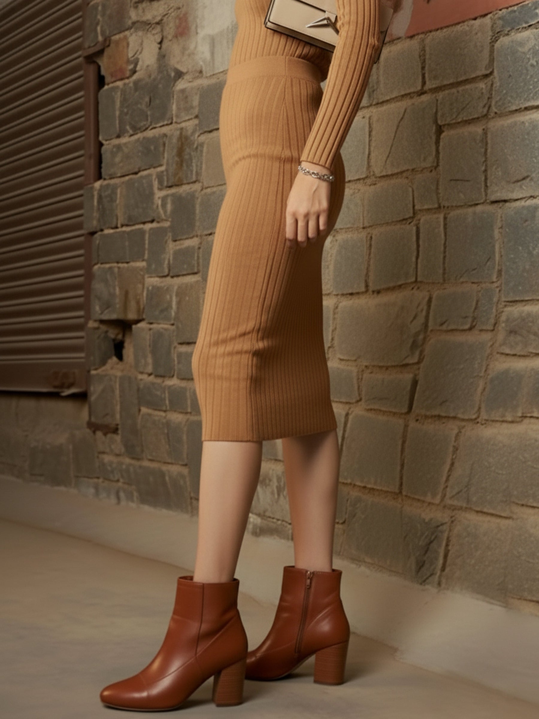 Beige Rib Pencil Midi Skirt-SASSAFRAS