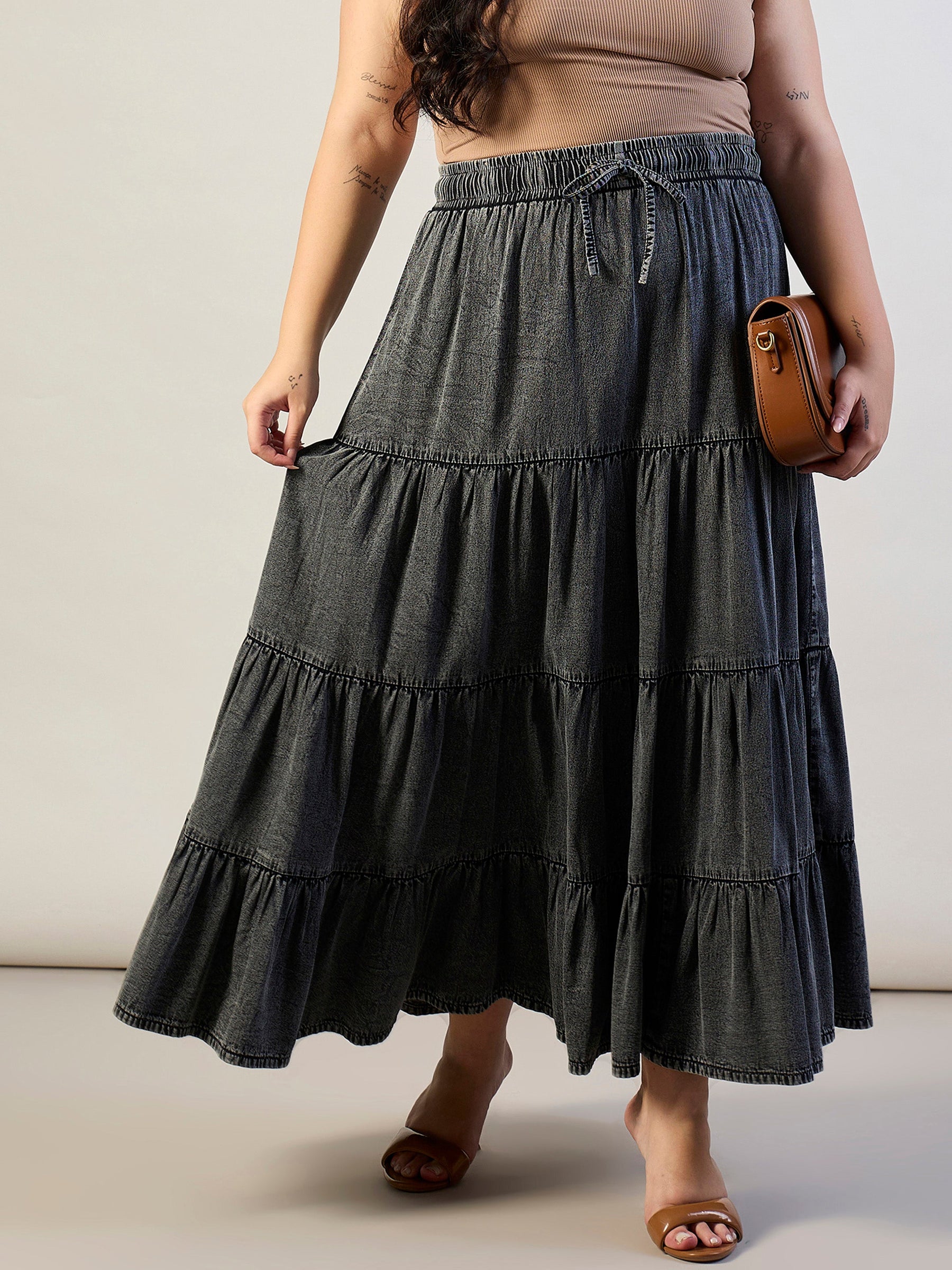 Grey Wash Tencel Front Drawstring Tiered Skirt-SASSAFRAS CURVE