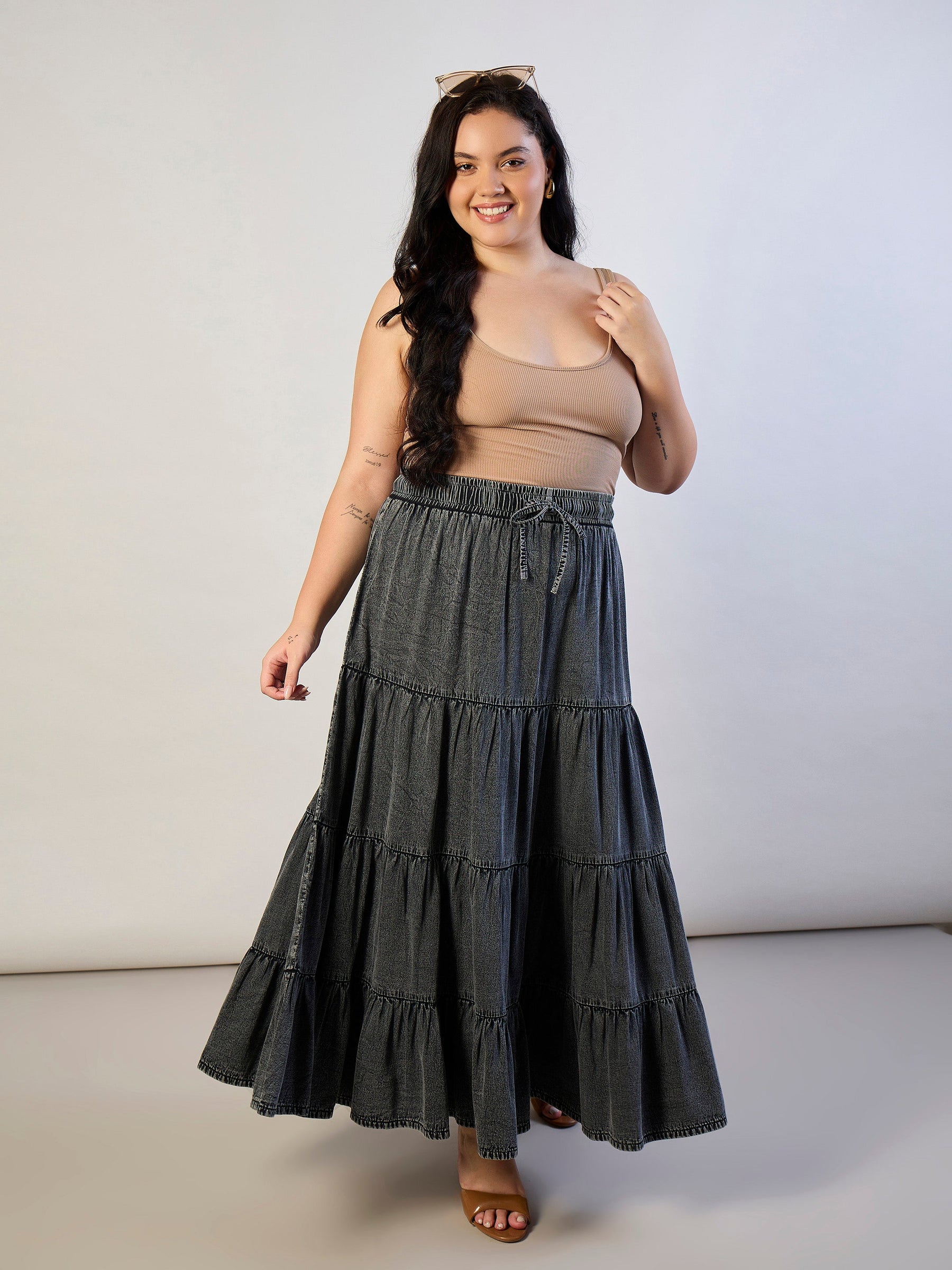 Grey Wash Tencel Front Drawstring Tiered Skirt-SASSAFRAS CURVE
