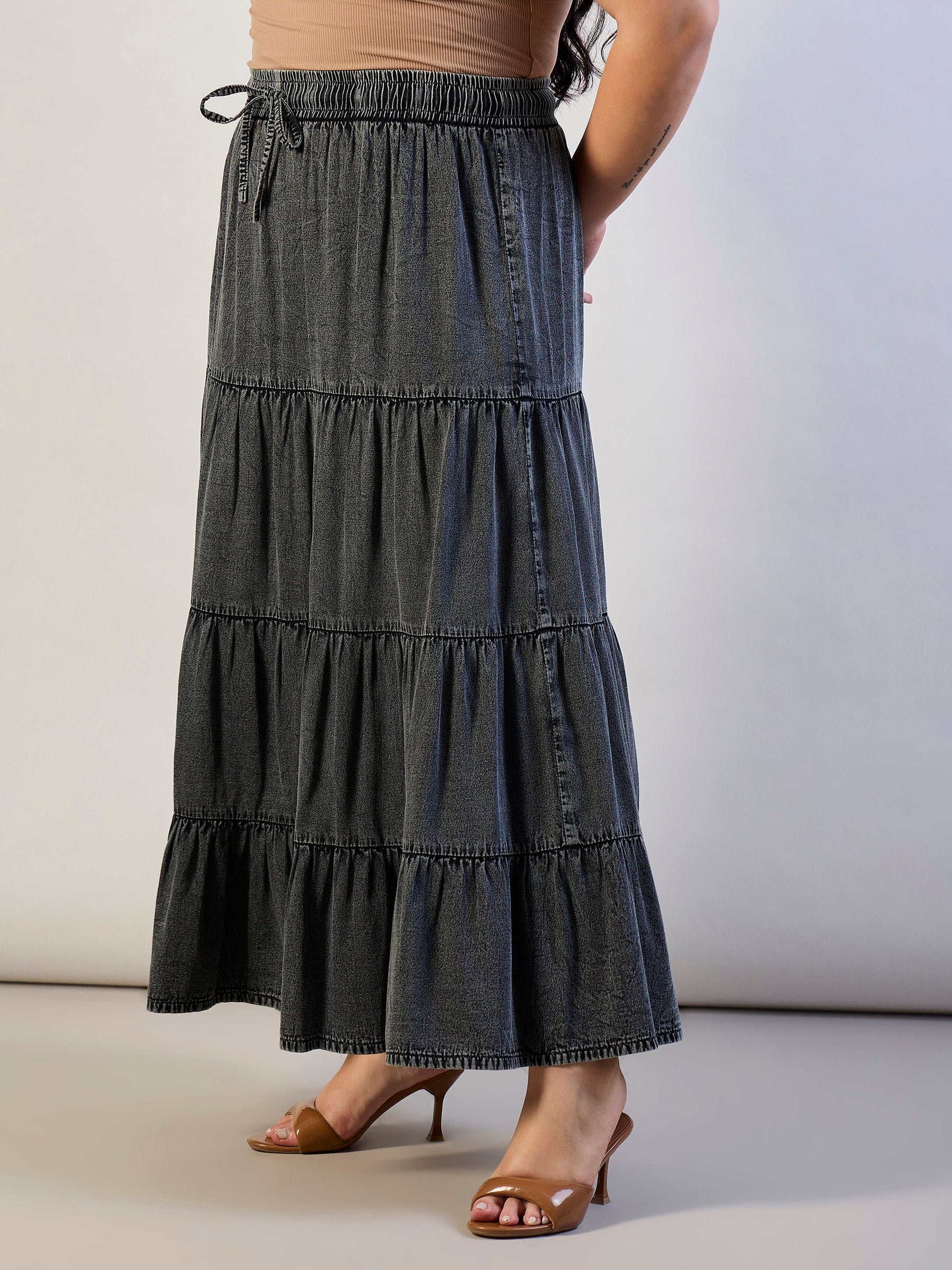 Grey Wash Tencel Front Drawstring Tiered Skirt-SASSAFRAS CURVE