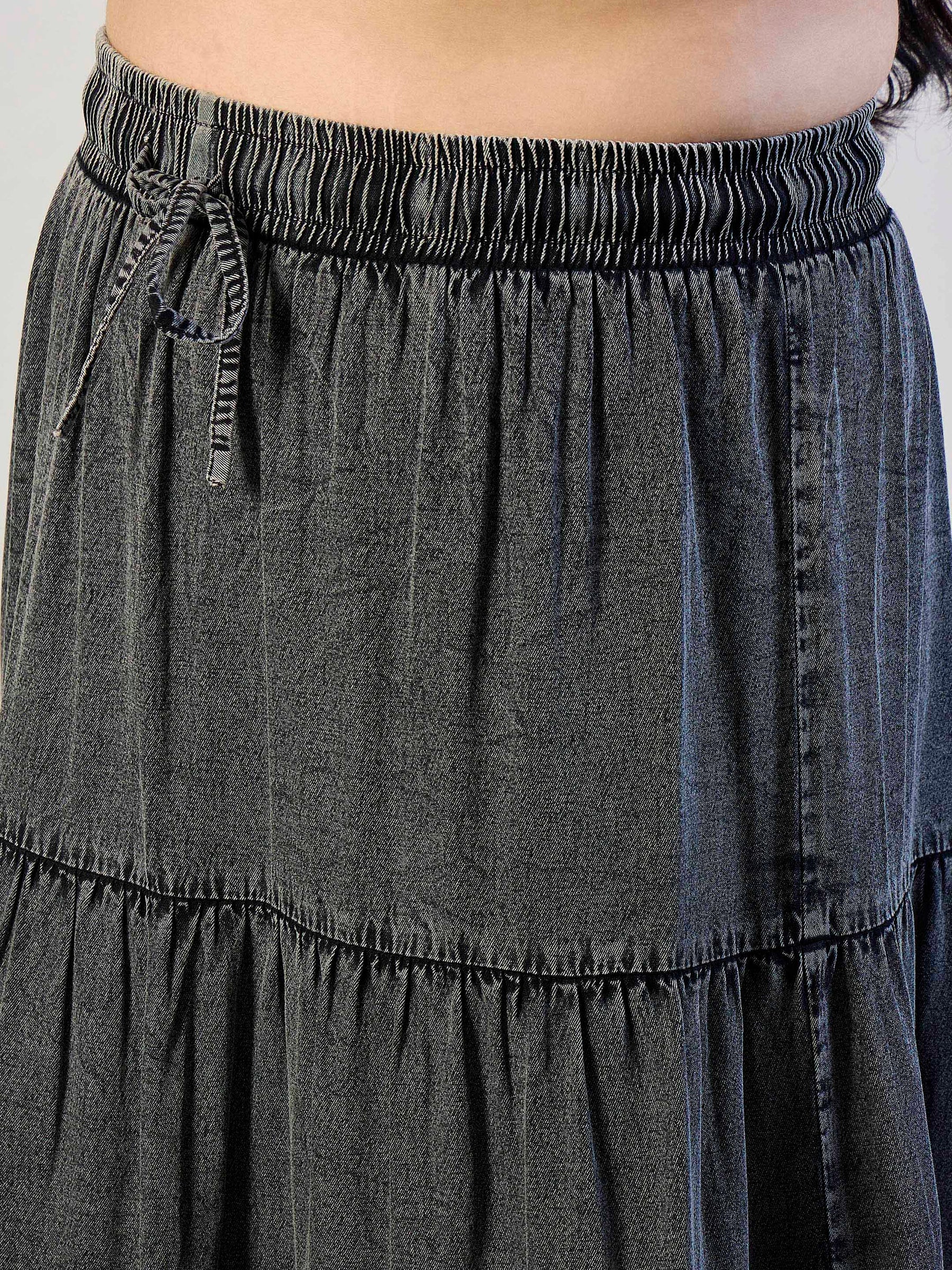 Grey Wash Tencel Front Drawstring Tiered Skirt-SASSAFRAS CURVE