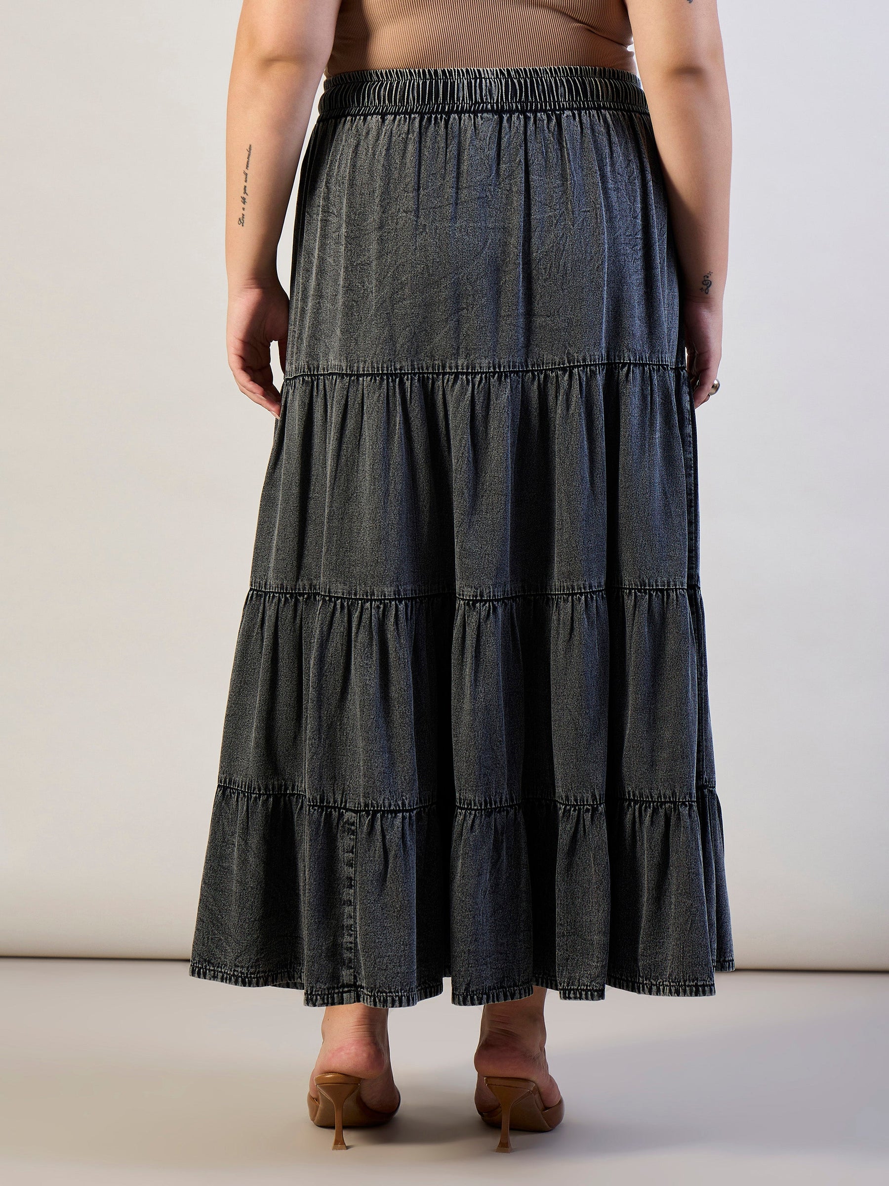 Grey Wash Tencel Front Drawstring Tiered Skirt-SASSAFRAS CURVE