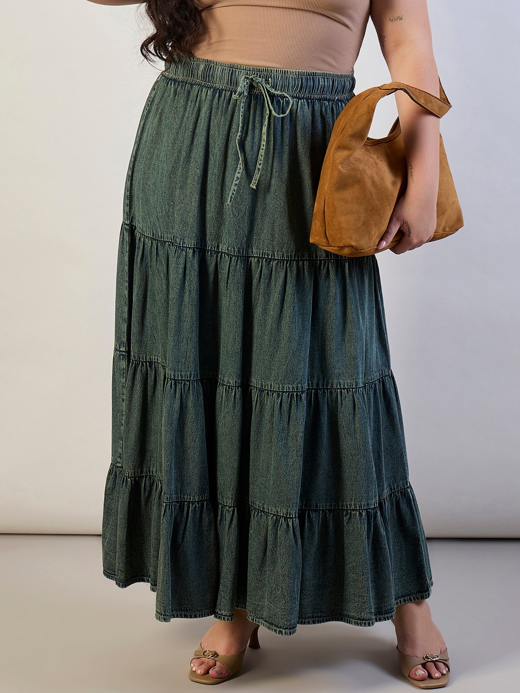 Olive Wash Tencel Front Drawstring Tiered Skirt-SASSAFRAS CURVE