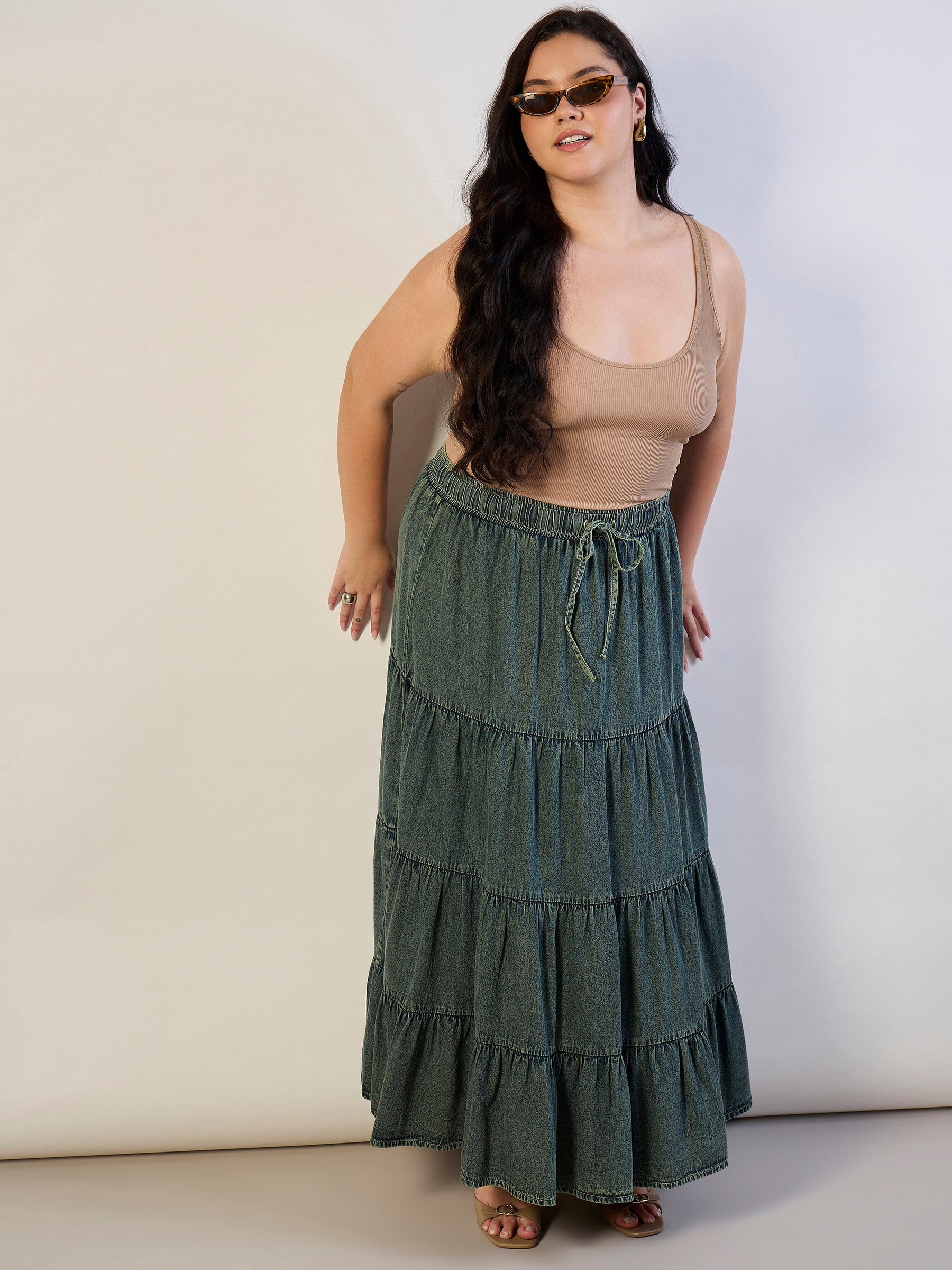 Olive Wash Tencel Front Drawstring Tiered Skirt-SASSAFRAS CURVE