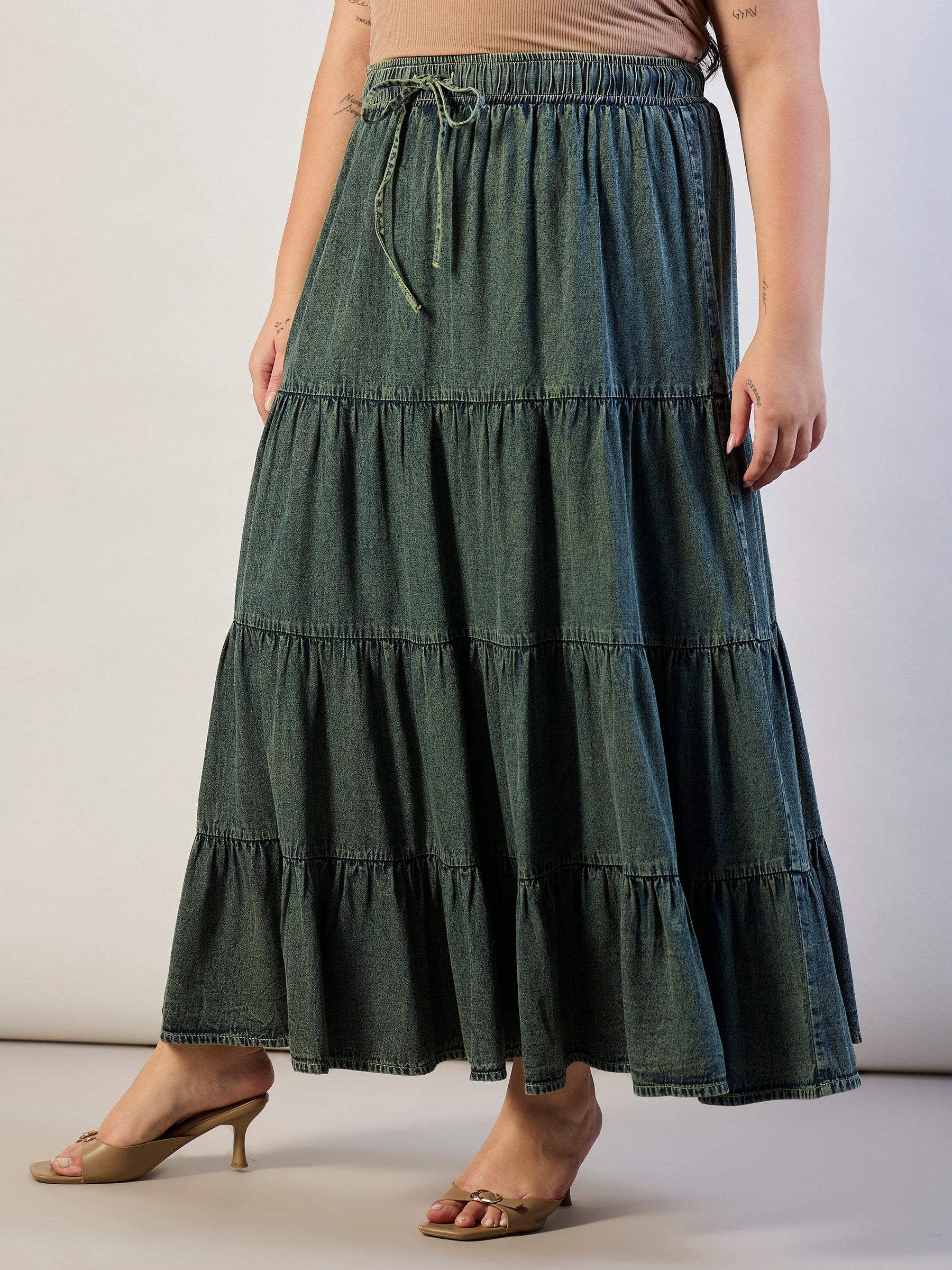 Olive Wash Tencel Front Drawstring Tiered Skirt-SASSAFRAS CURVE