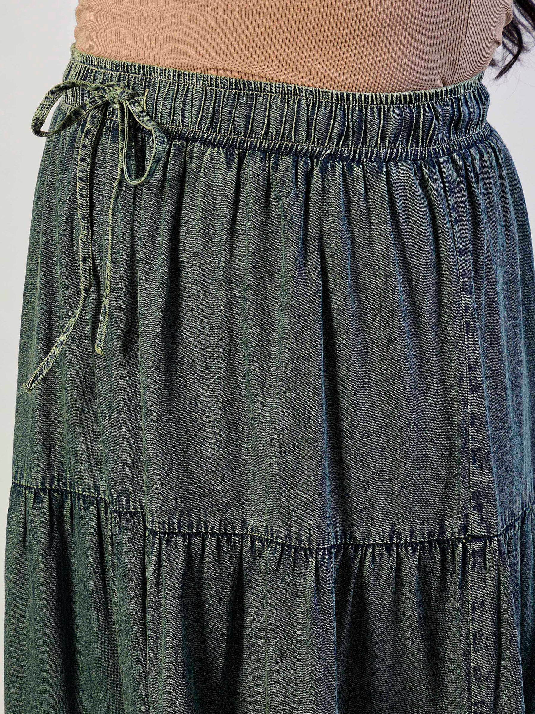 Olive Wash Tencel Front Drawstring Tiered Skirt-SASSAFRAS CURVE