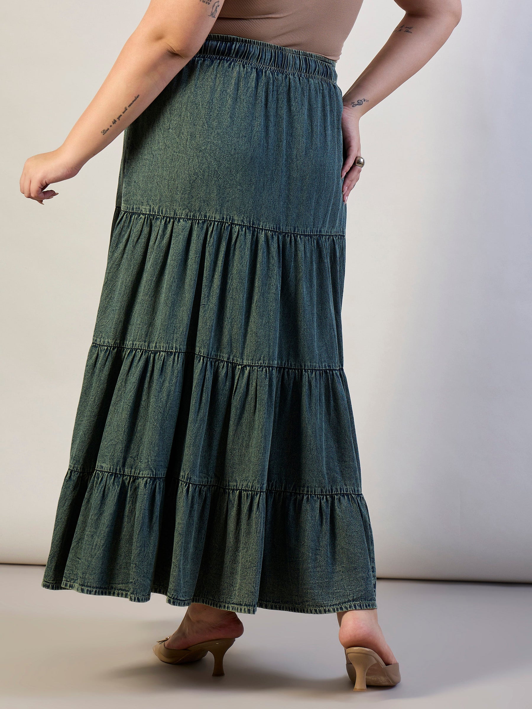 Olive Wash Tencel Front Drawstring Tiered Skirt-SASSAFRAS CURVE