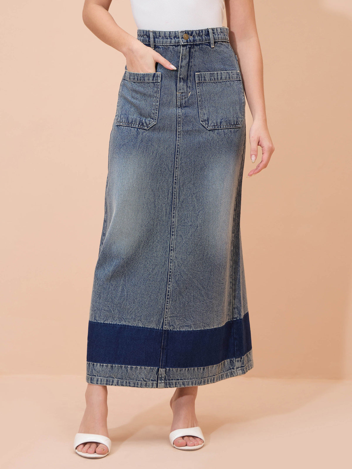 Blue Denim Wash Front Patch Pocket Maxi Skirt-SASSAFRAS