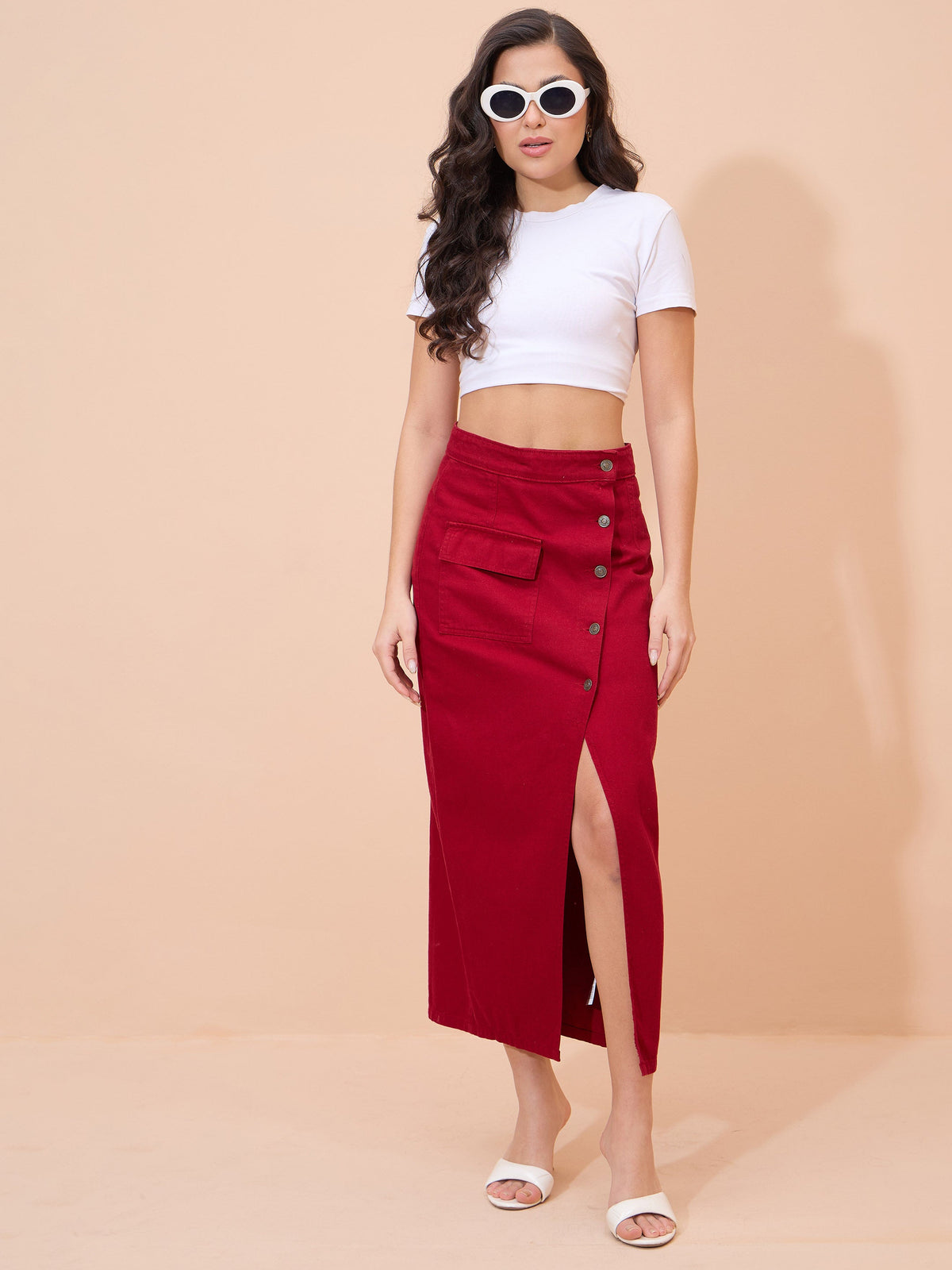 Red Denim Front Button Wrap Skirt-SASSAFRAS