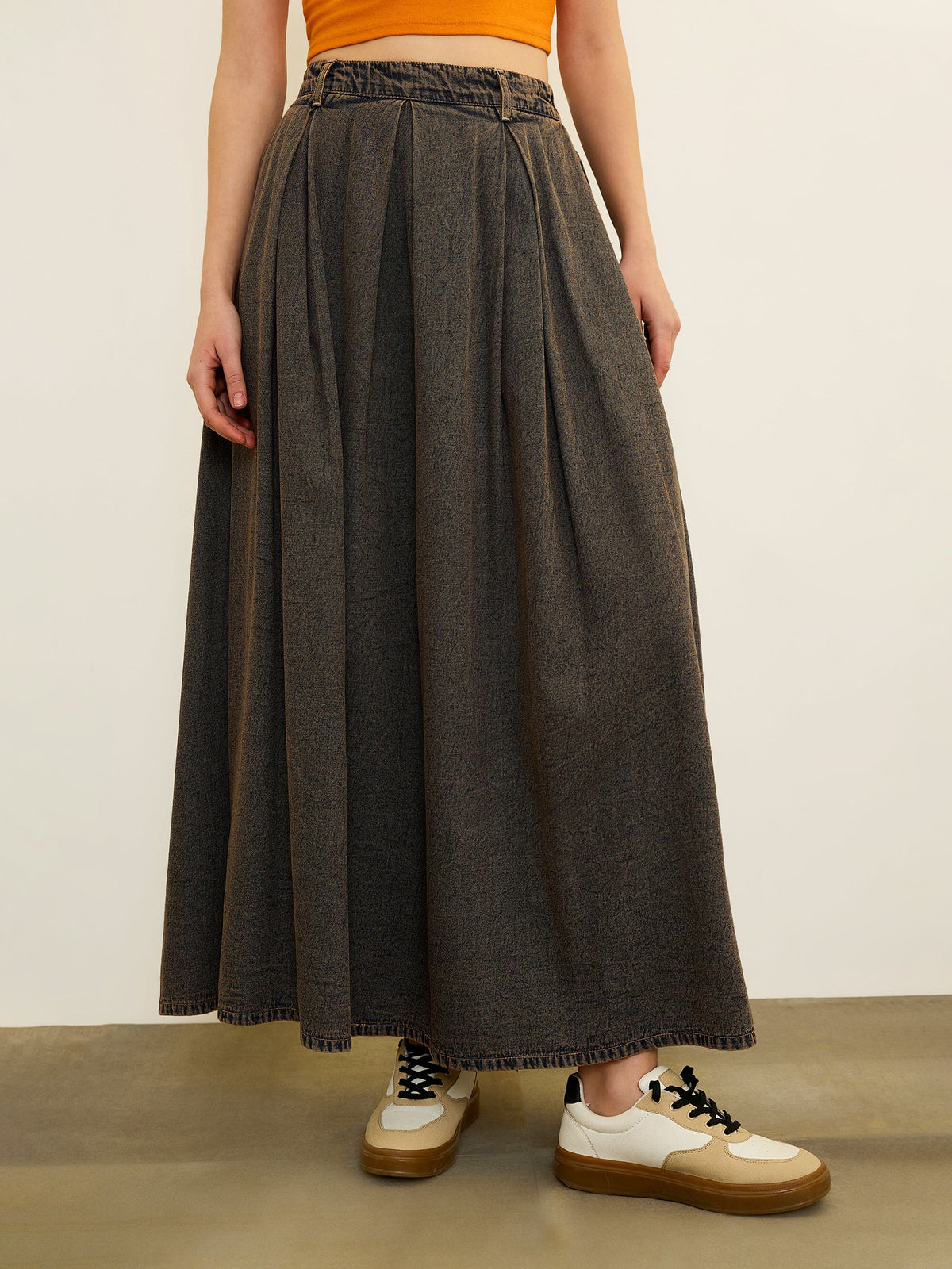 Black Denim Acid Wash Box Pleated Maxi Skirt-SASSAFRAS