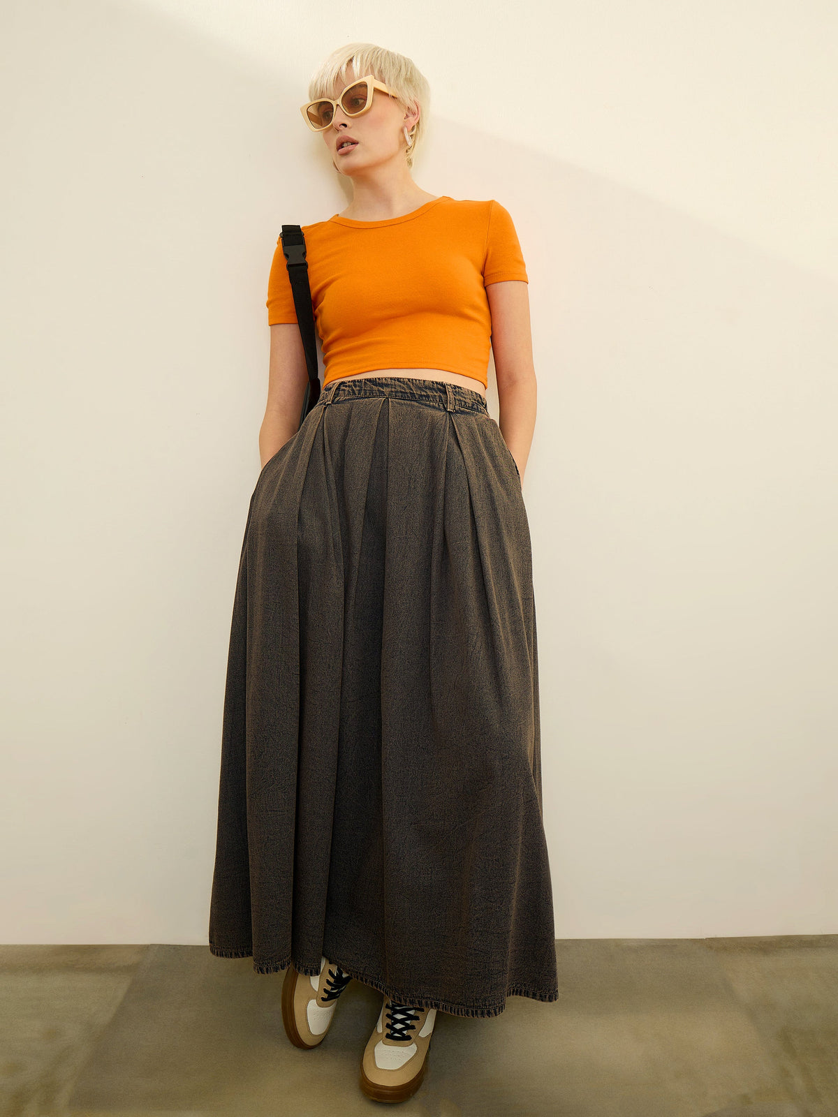 Black Denim Acid Wash Box Pleated Maxi Skirt-SASSAFRAS
